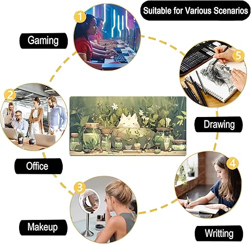 Miniatura 6 de Bonita alfombrilla de escritorio con gato kawaii de plantas verdes y salvia, alfombrilla para mouse gaming XXL grande extendida para escritorio,