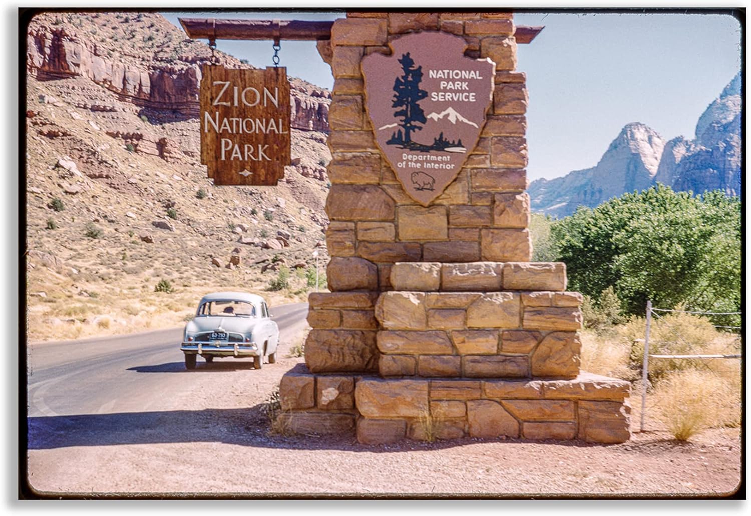 Vintage Photograph of Zion National Park with Renault Dauphine Car