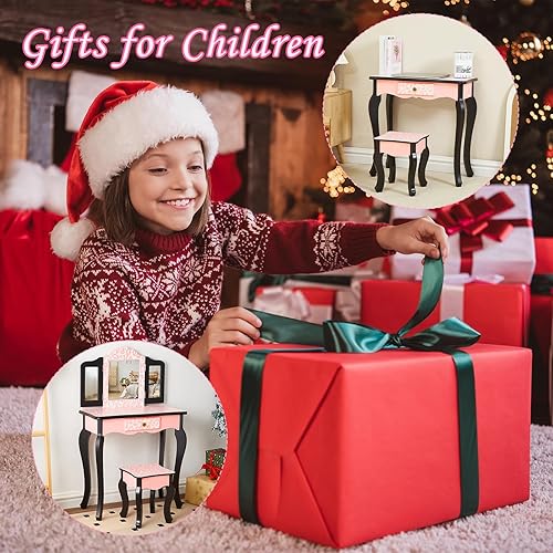 Miniatura 6 de Lucakuins Juego de tocador para niños con espejo de 4 a 9 años con cajones, juego de tocador para niñas pequeñas con espejo y taburete para