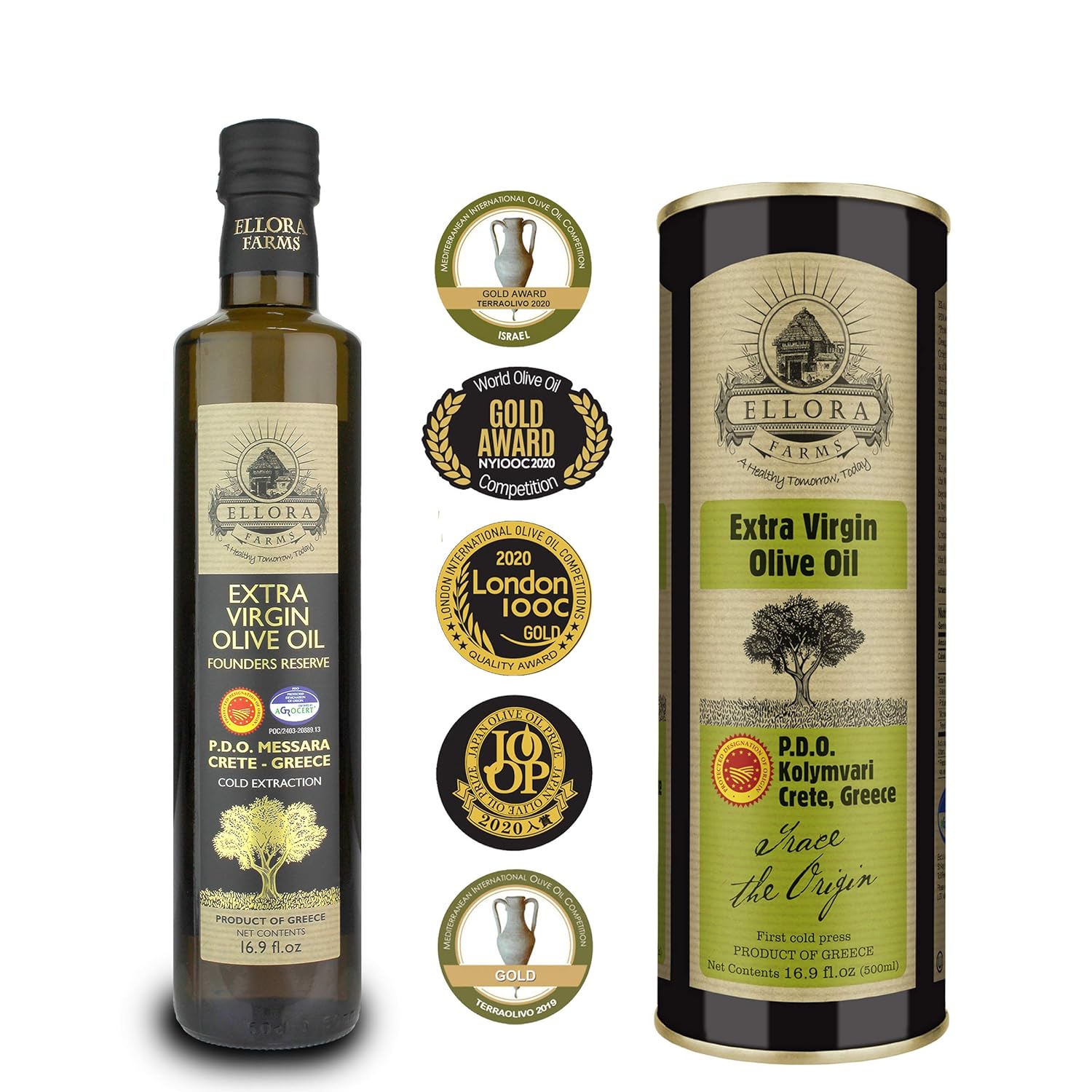Ellora Farms, Extra Virgin Olive Oil, 2025 Gold Award Winning Combo, Single Origin and Single Estate, Cold Press, Greece, 17 oz each