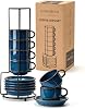 HOME DECOR Espresso Cups Set - Reactive Glaze Process - 6 x 147.8 ml Coffee Cups with Saucer & Stand - Elegant Ceramic Cups for Espresso and Latte - Reactive Glaze Blue