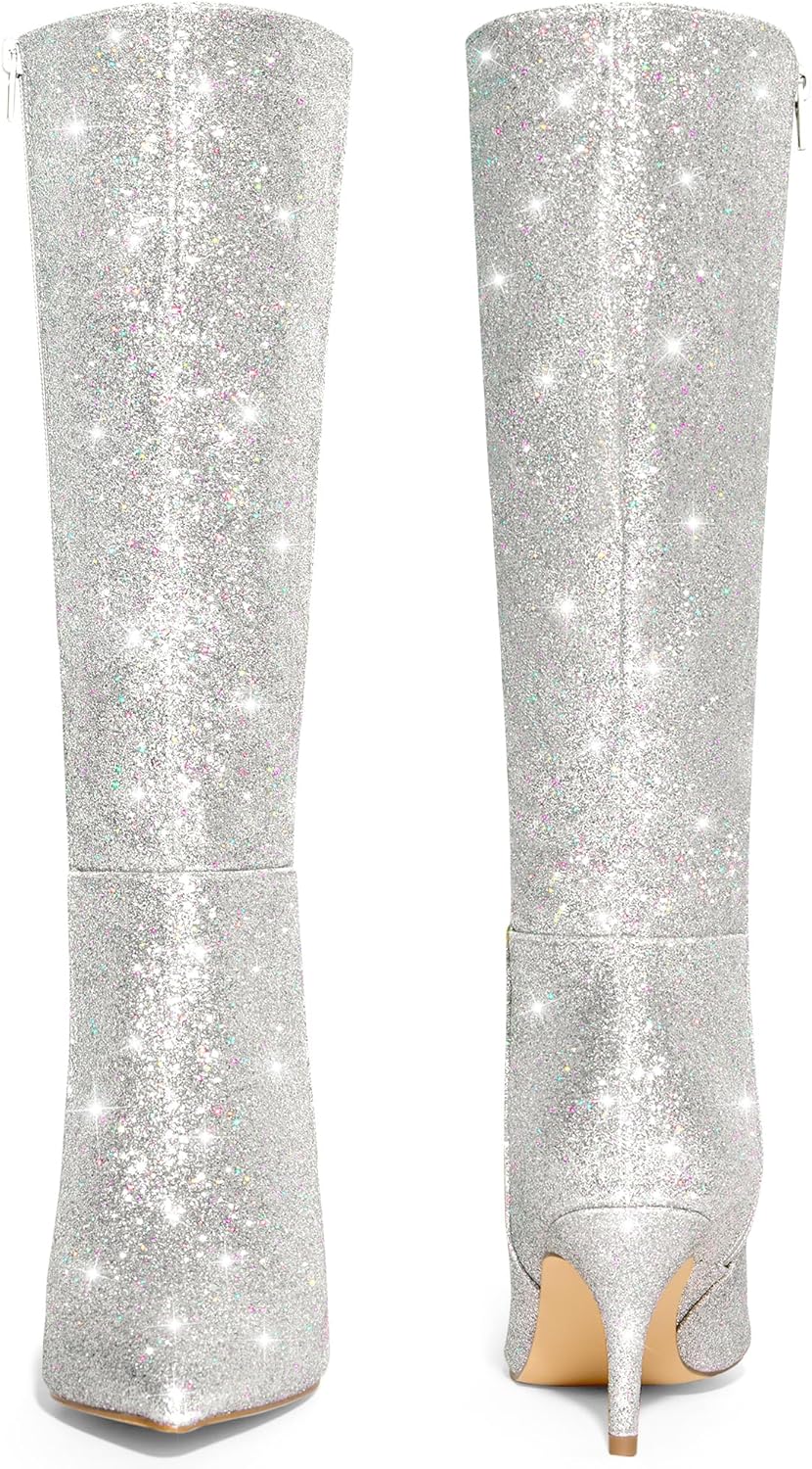 Perphy Glitter Pointed Toe Sparkly Stiletto Heel Knee High Boots for Women