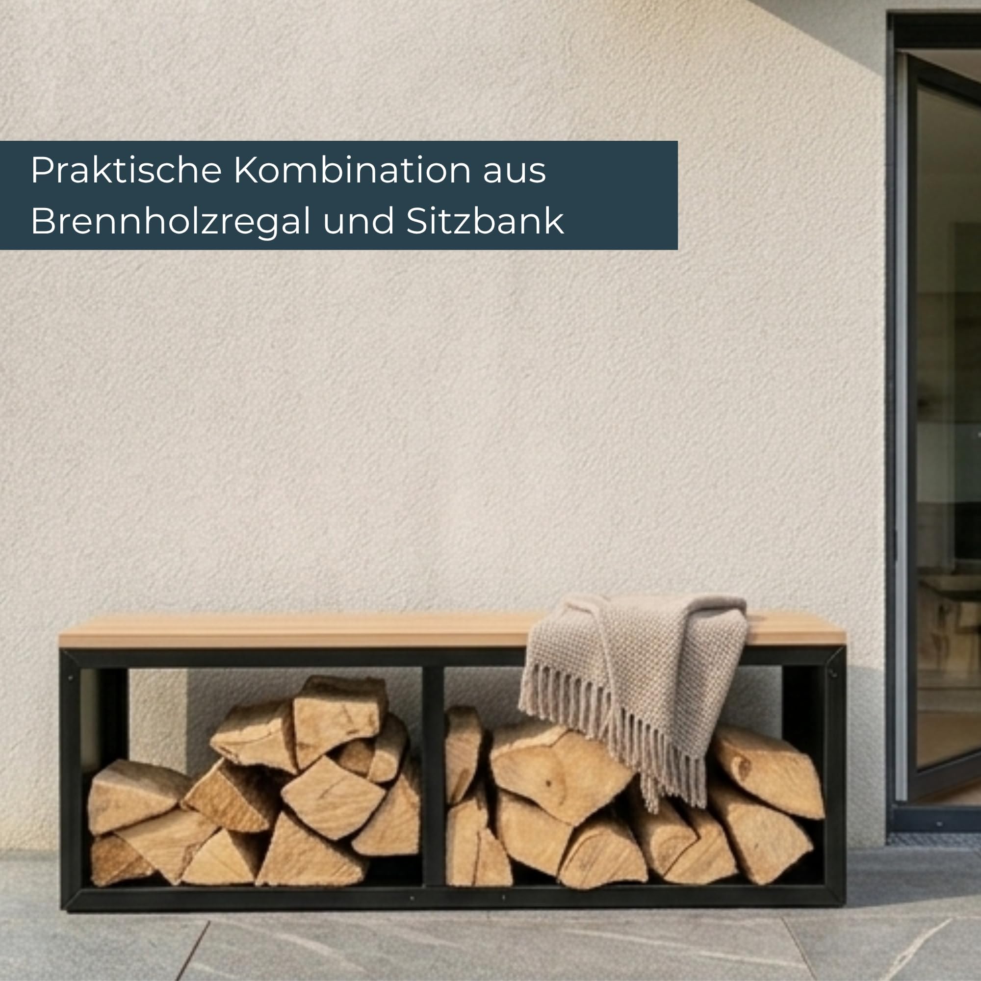 osoltus Brennholzregal Brennholzlager mit Bank 102cm x 35cm x 40cm indoor & outdoor Metall schwarz // holzoptik hochwertig | 2 Fächer