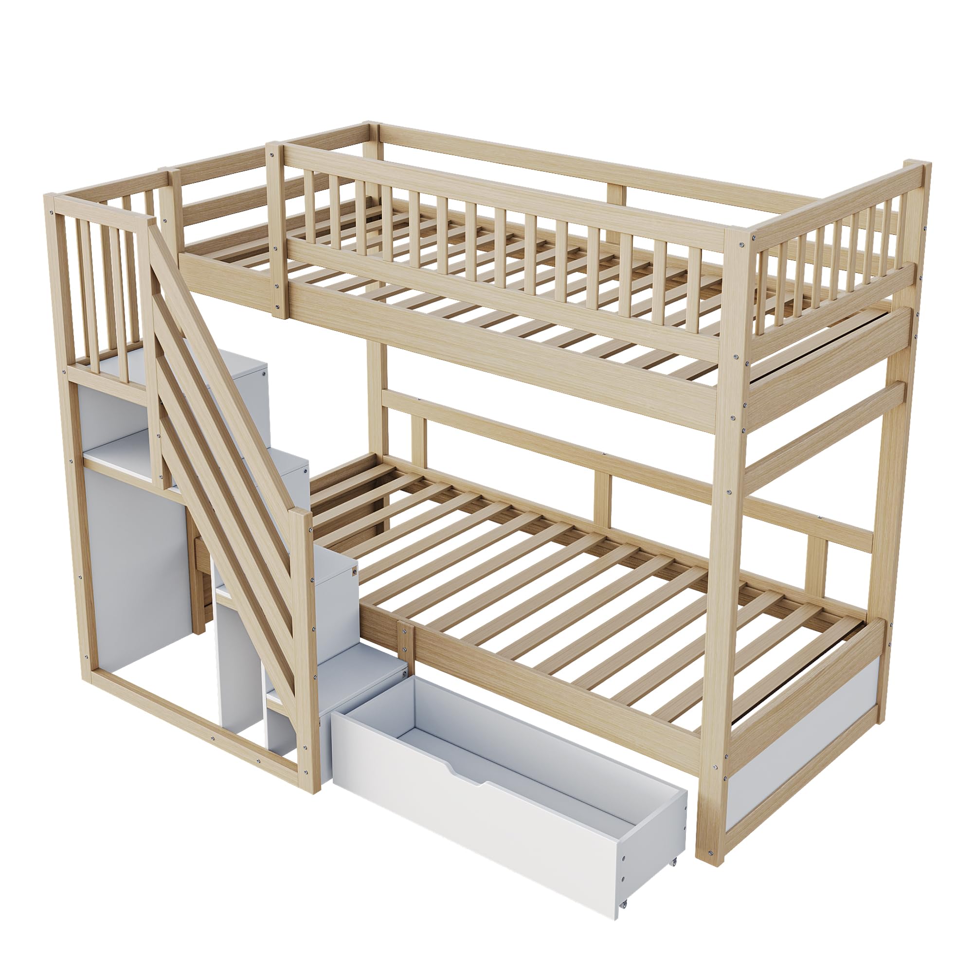 Su & Chan Legence Hochbett 90x200 cm mit Treppe, Stauraumschränken und Schublade, Etagenbett aus Massivholz mit hohem Geländer für Kinder, ohne Matratze, Holzfarbe
