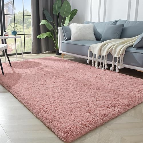 Miniatura 8 de Alfombras de área para sala de estar, alfombra mullida súper suave para dormitorio, alfombra peluda color rubor de 4 x 5.9, alfombra de felpa para