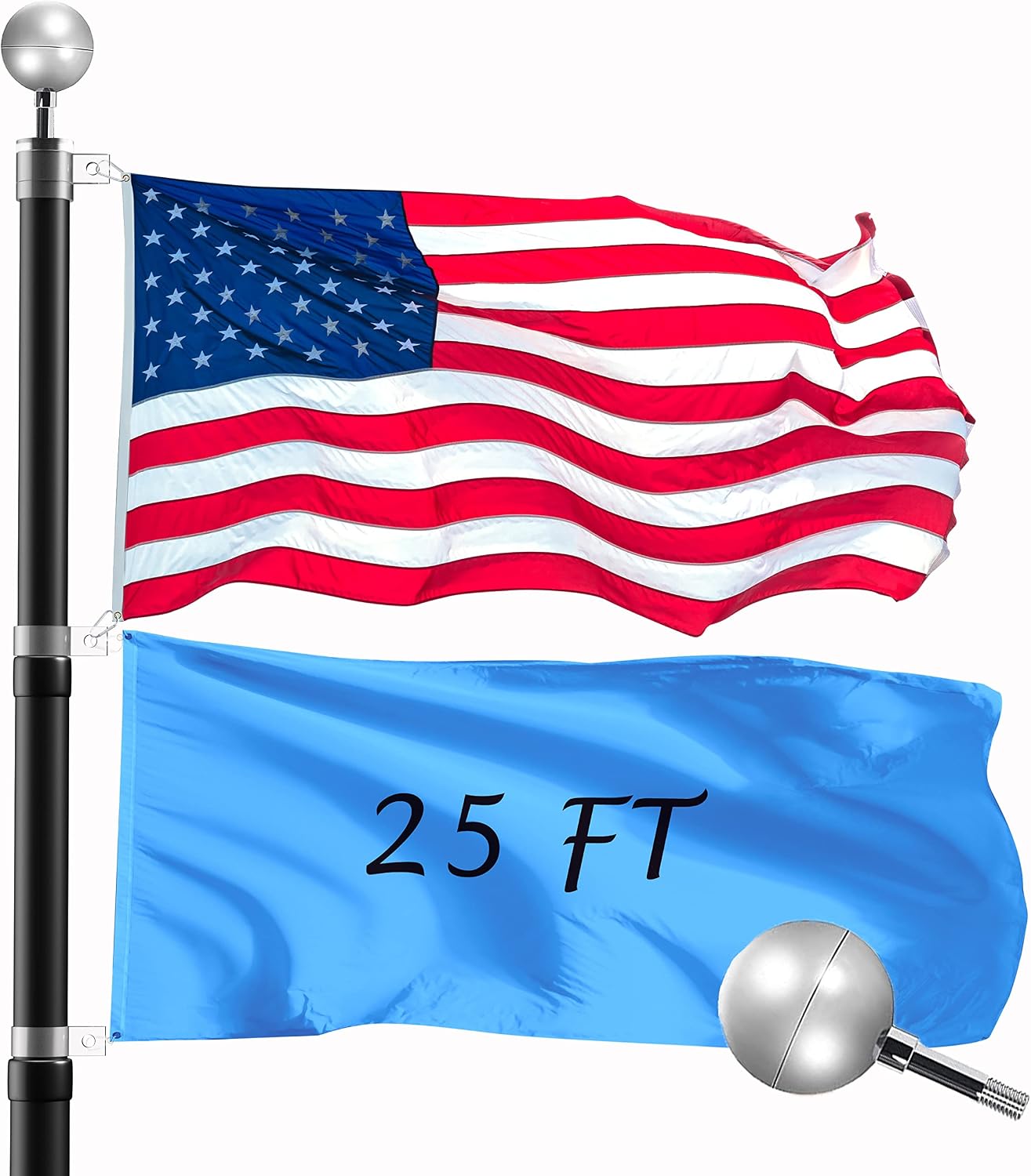 Wphold 25FT Telescopic Flag Pole Kit, Extra Thick Telescoping Flag Poles, Black Heavy Duty Flag Poles for Outside House Inground with 3x5 American Flag, Flagpole for Yard, Residential