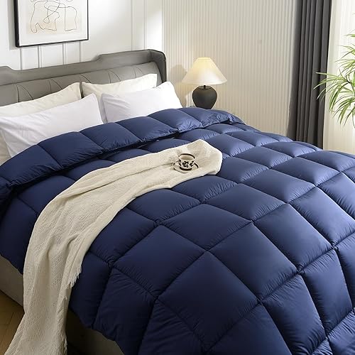 Miniatura 6 de Edredón de plumas de ganso alternativo, edredón acolchado azul marino tamaño King, edredón para todas las estaciones con pestañas en las esquinas,