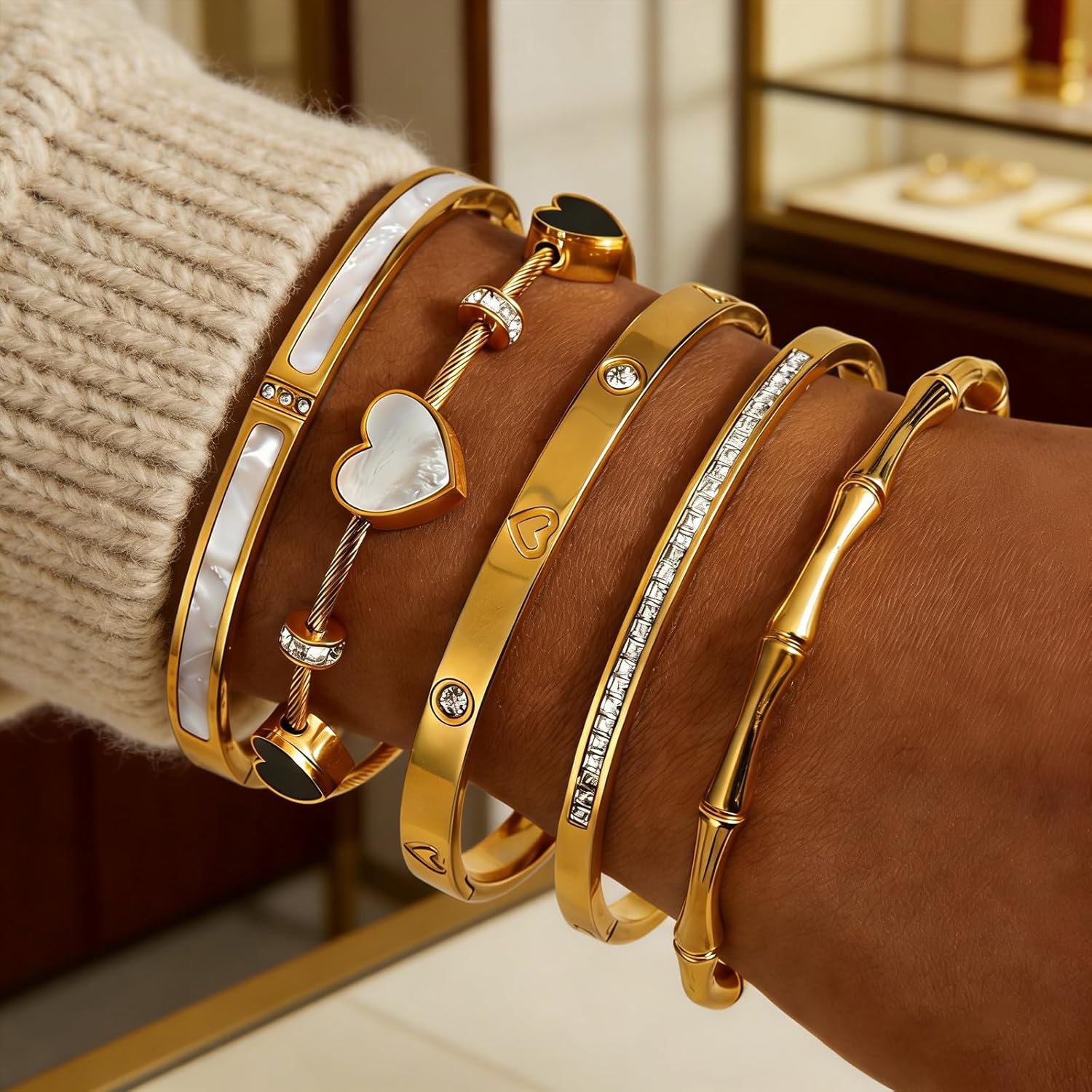 ZhiRui Women's 18K Gold Plated Stackable Bracelet Set - Waterproof Mother of Pearl Heart Cubic Zirconia Jewelry Gifts for Women - Image 3