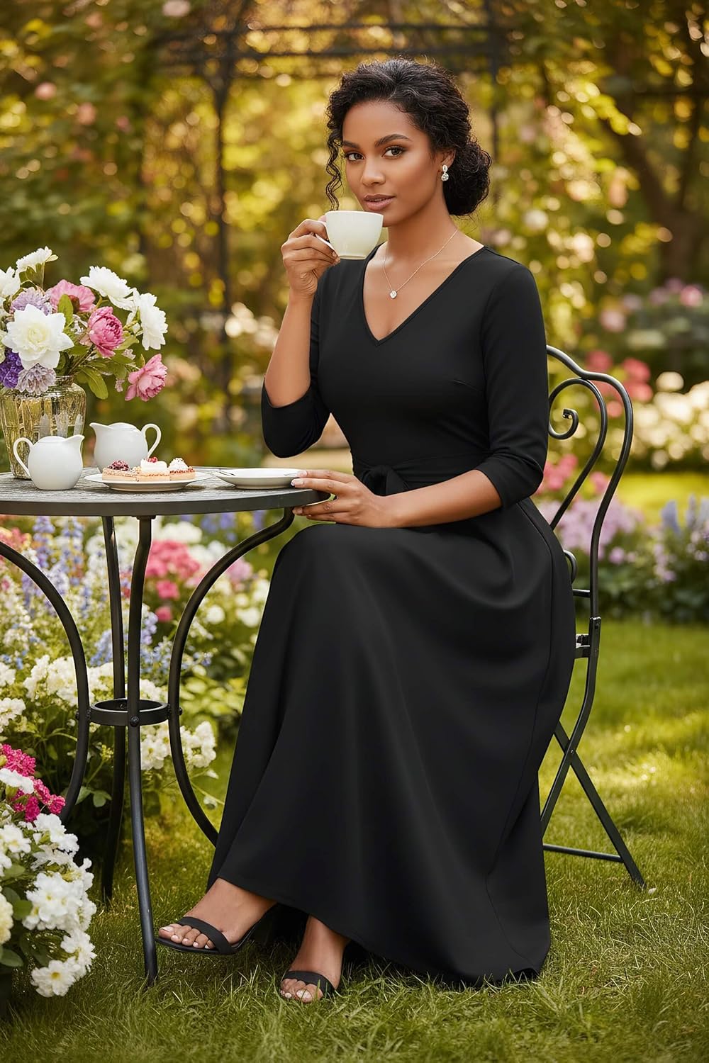 FANDEE Maxi Dress for Women, Long Casual Empire Waist Dresses 3/4 Sleeve V-Neck with Pockets - Image 5