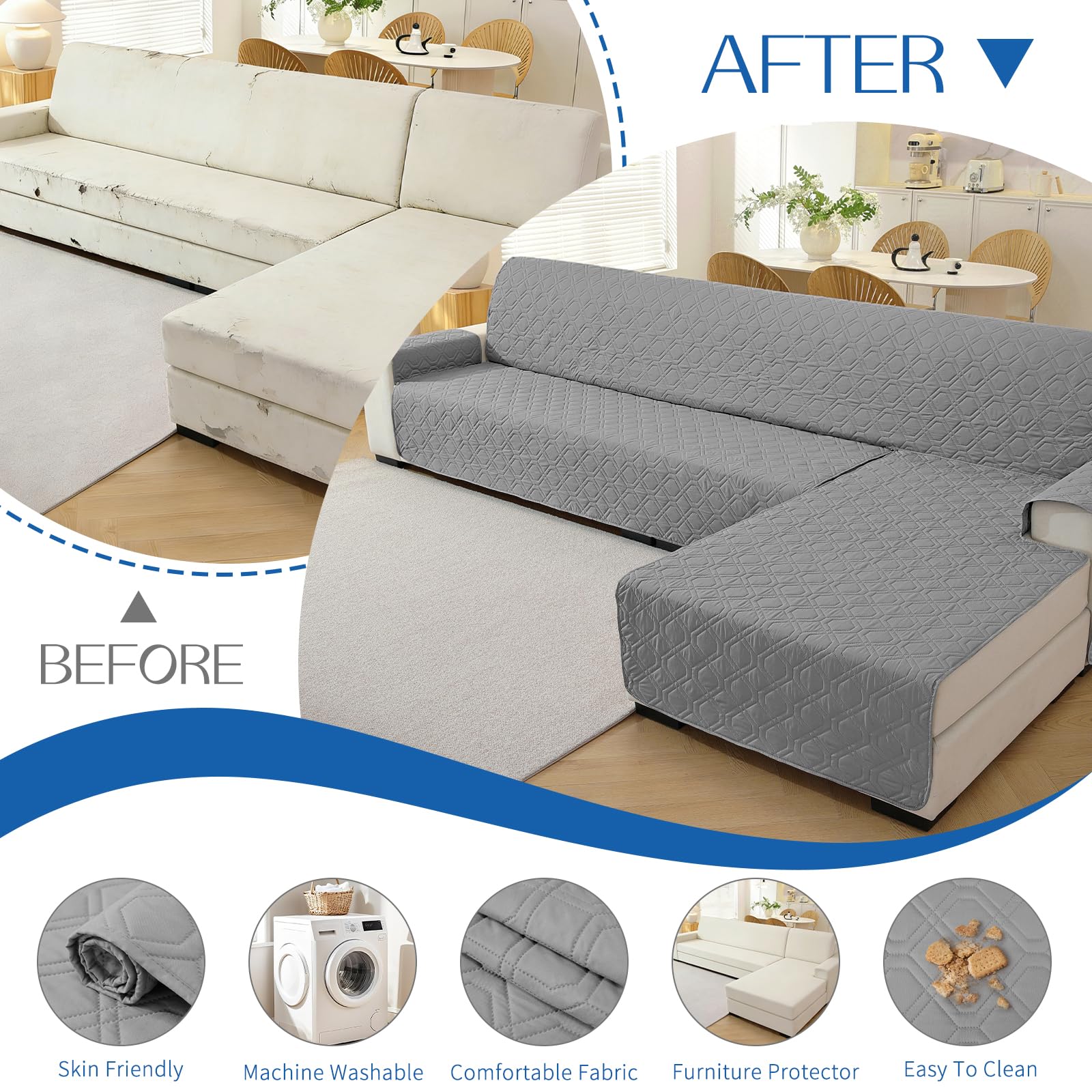 YSTELLAA Fundas para Sofa Chaise Longue 3 Plazas, Funda Sofá Chaise Longue Izquierdo/Derecho Universal Reversible, Impermeable Funda Sofa Rinconera, Sofa Cover Forma De L, Gris Claro