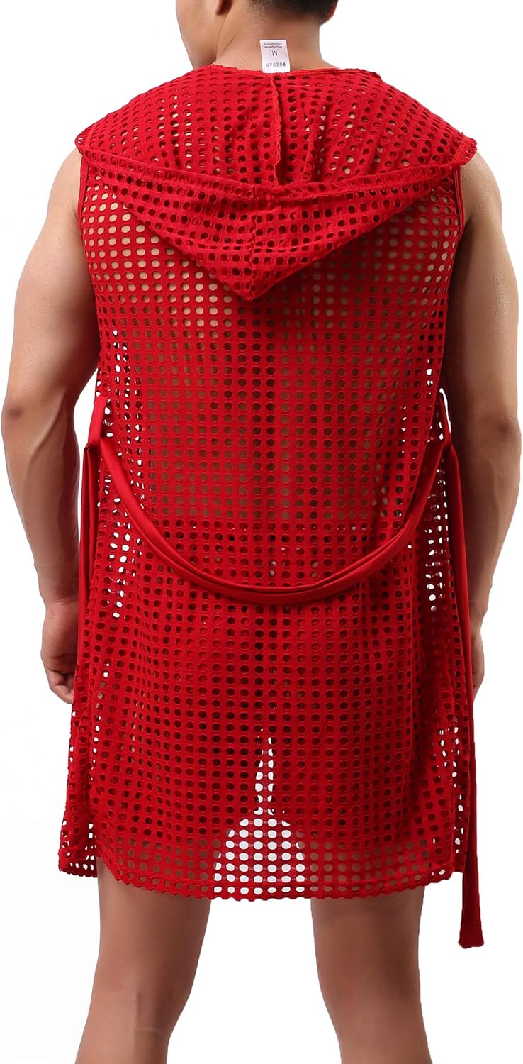 Mens Sexy See Through Towel Bath Robe Hooded Mesh Transparent Bathrobe - Image 2