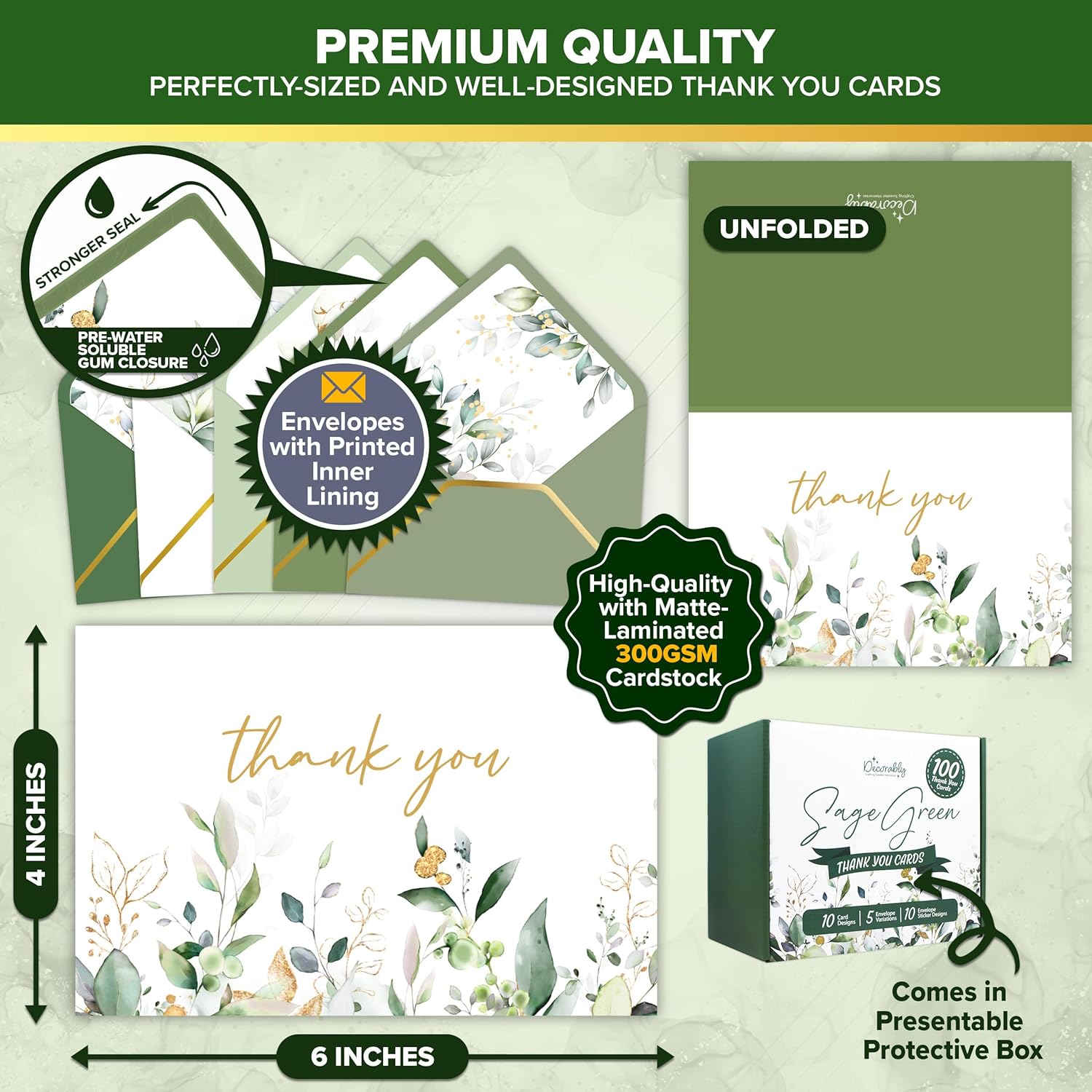 Decorably 100 Pack Gold-Foiled 6x4in Sage Green Thank You Cards with Envelopes, 10 Elegant Designs Folded Eucalyptus Thank You Cards with Envelopes, Blank Inside - Wedding, Bridal Shower, Baby Shower