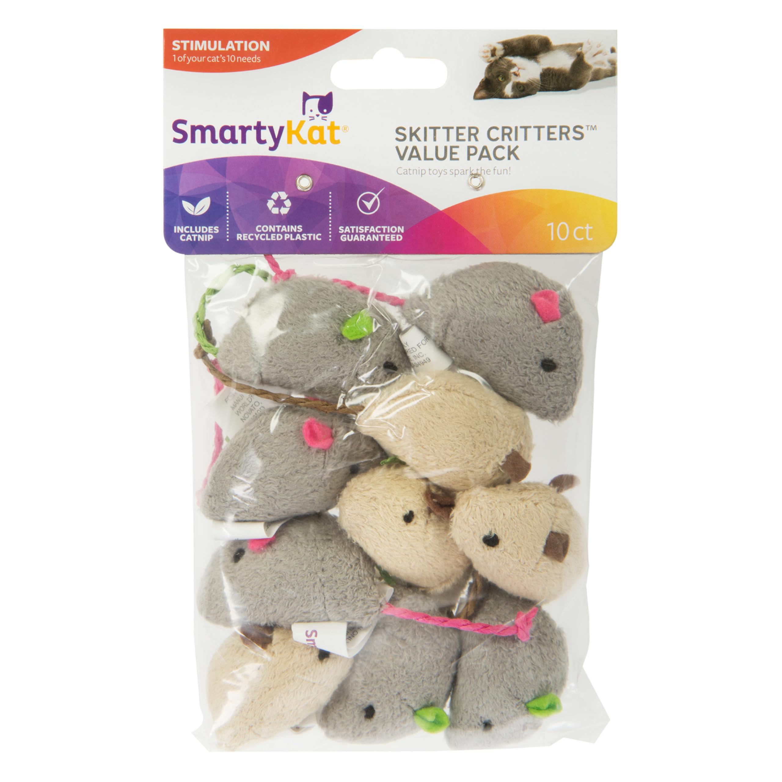 SmartyKat Skitter Critters Value Pack Catnip Cat Toys - Gray/Cream, Set of 10