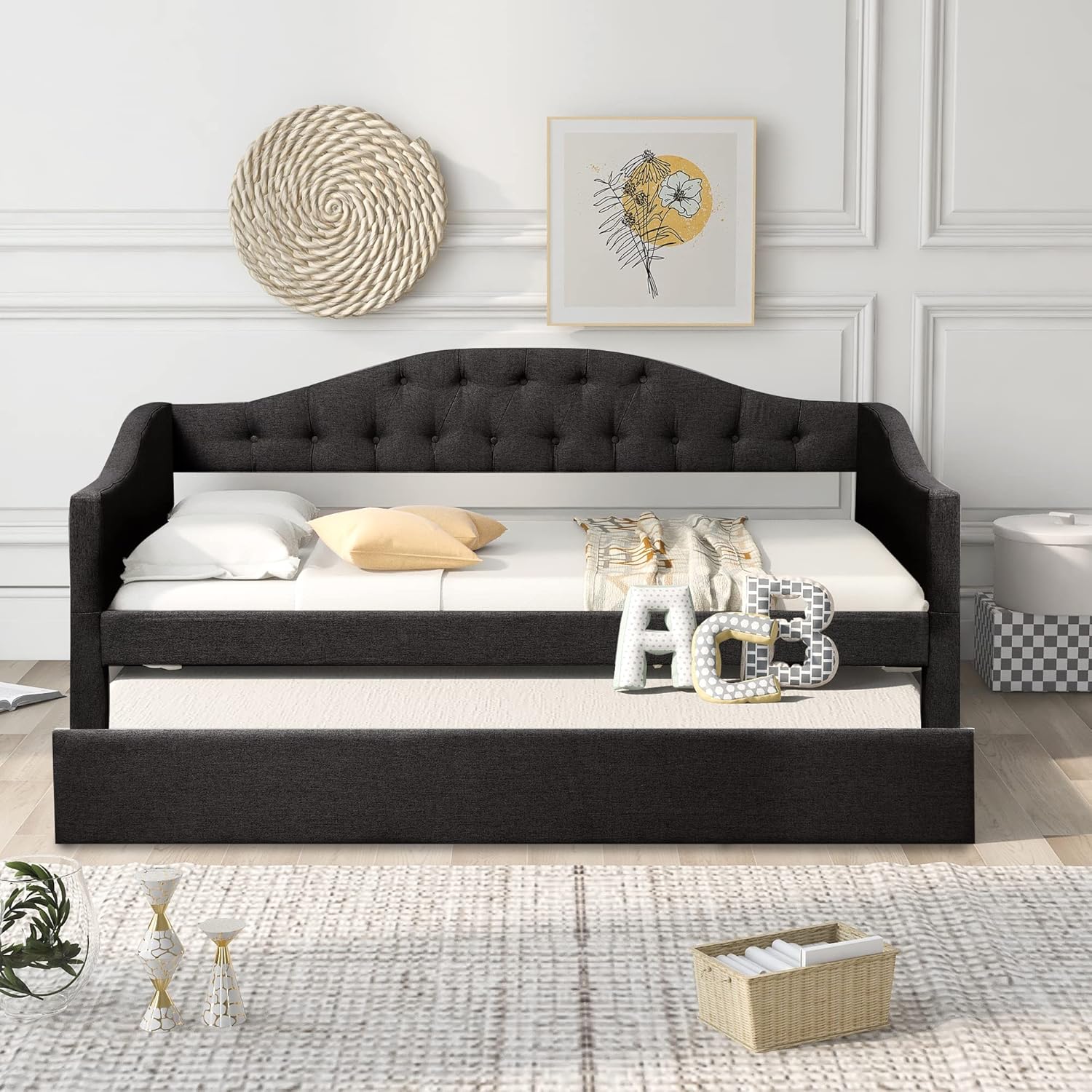 Twin Size Daybed, Upholstered Daybed with Trundle, Wood