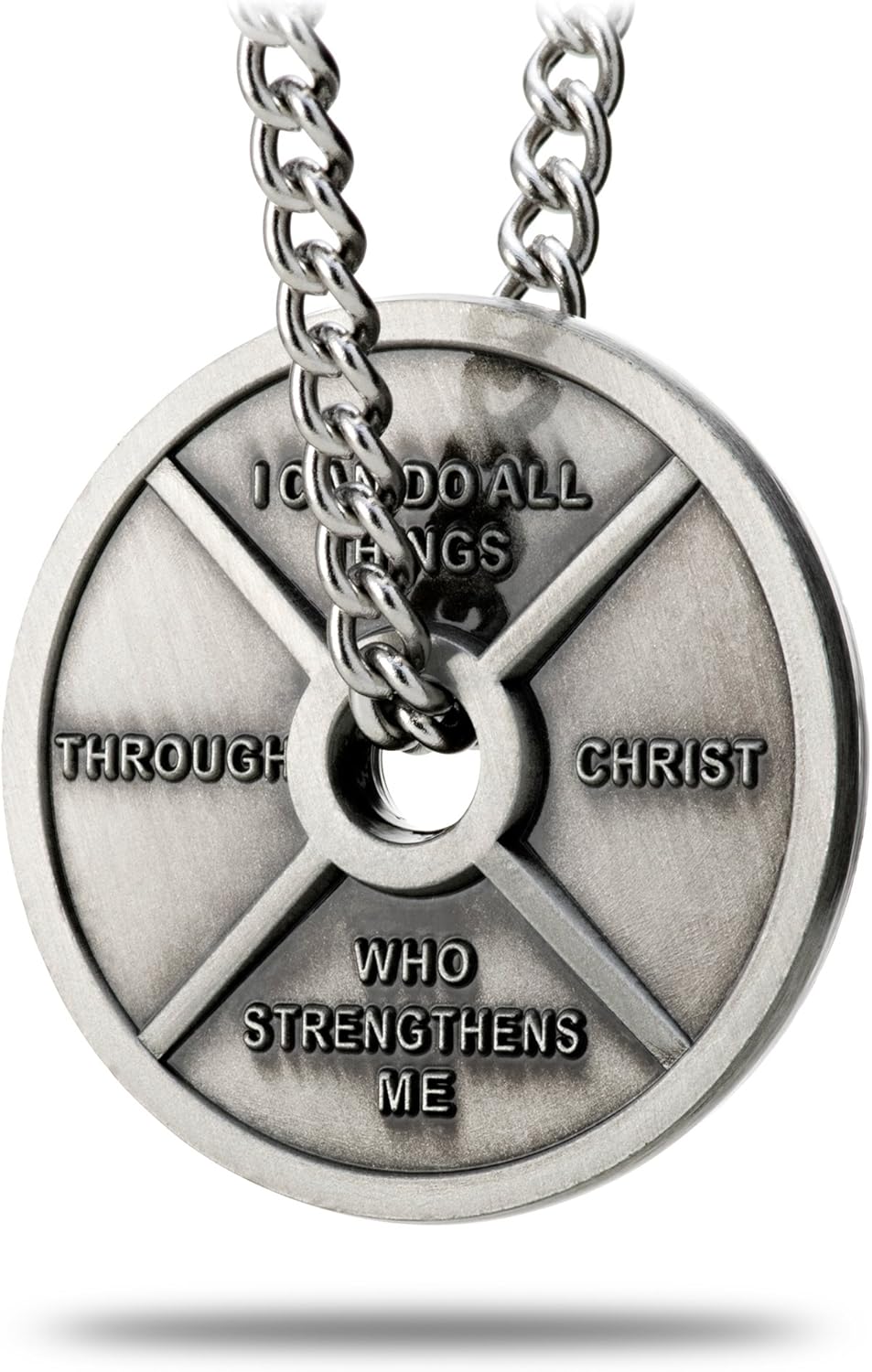 Shields of Strength Women’s Antique Finish Weight Plate Necklace Phil 4:13 Fitness Faith Encouragement Ideal Gift Curb Chain Christian Jewelry Pendant