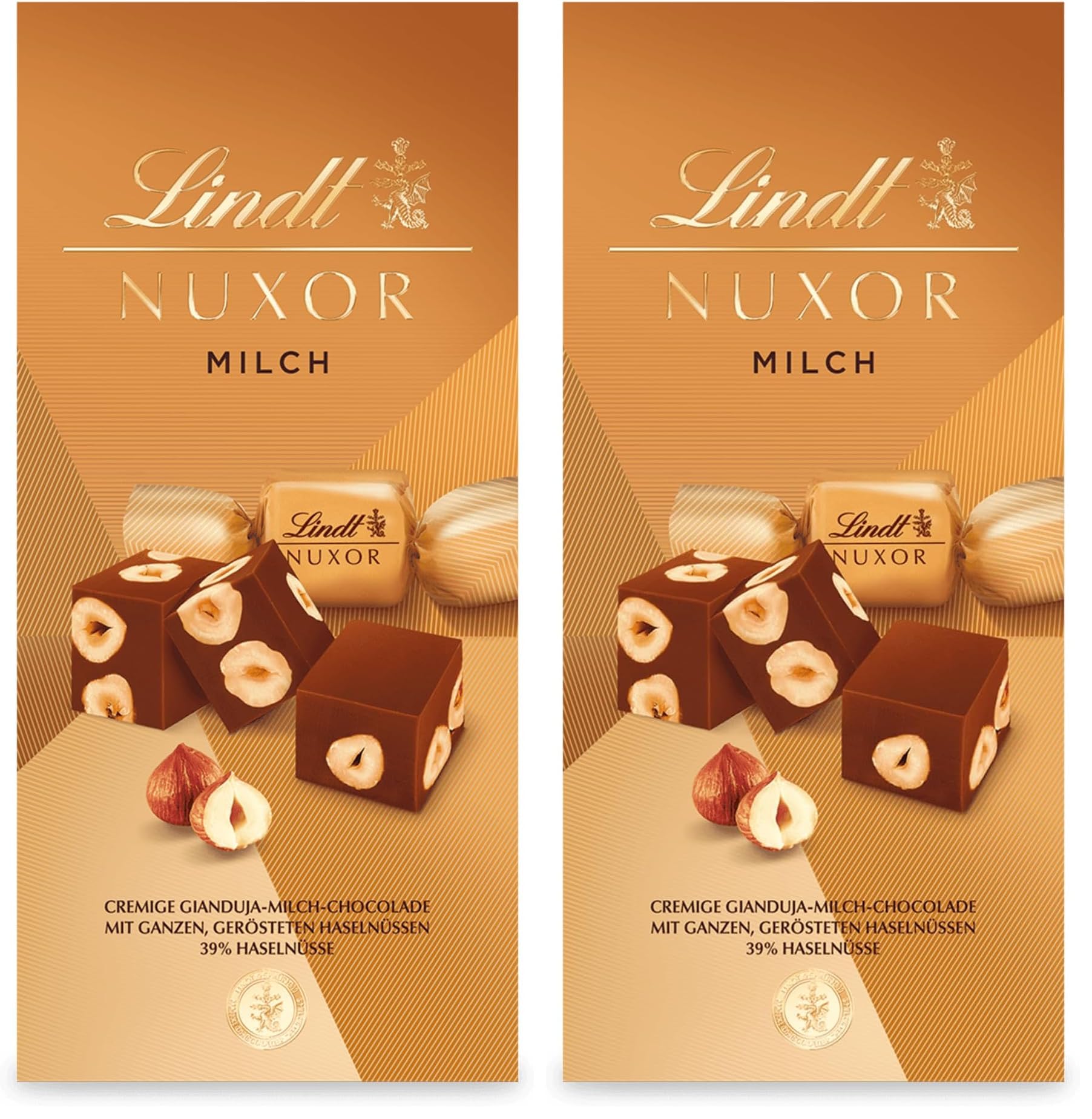 Lindt Schokolade | NUXOR Beutel Milch | 103g | Cremige Gianduja Milch-Schokoladen Würfel mit ganzen, gerösteten Haselnüssen | Schokoladen-Geschenk (Packung mit 2)