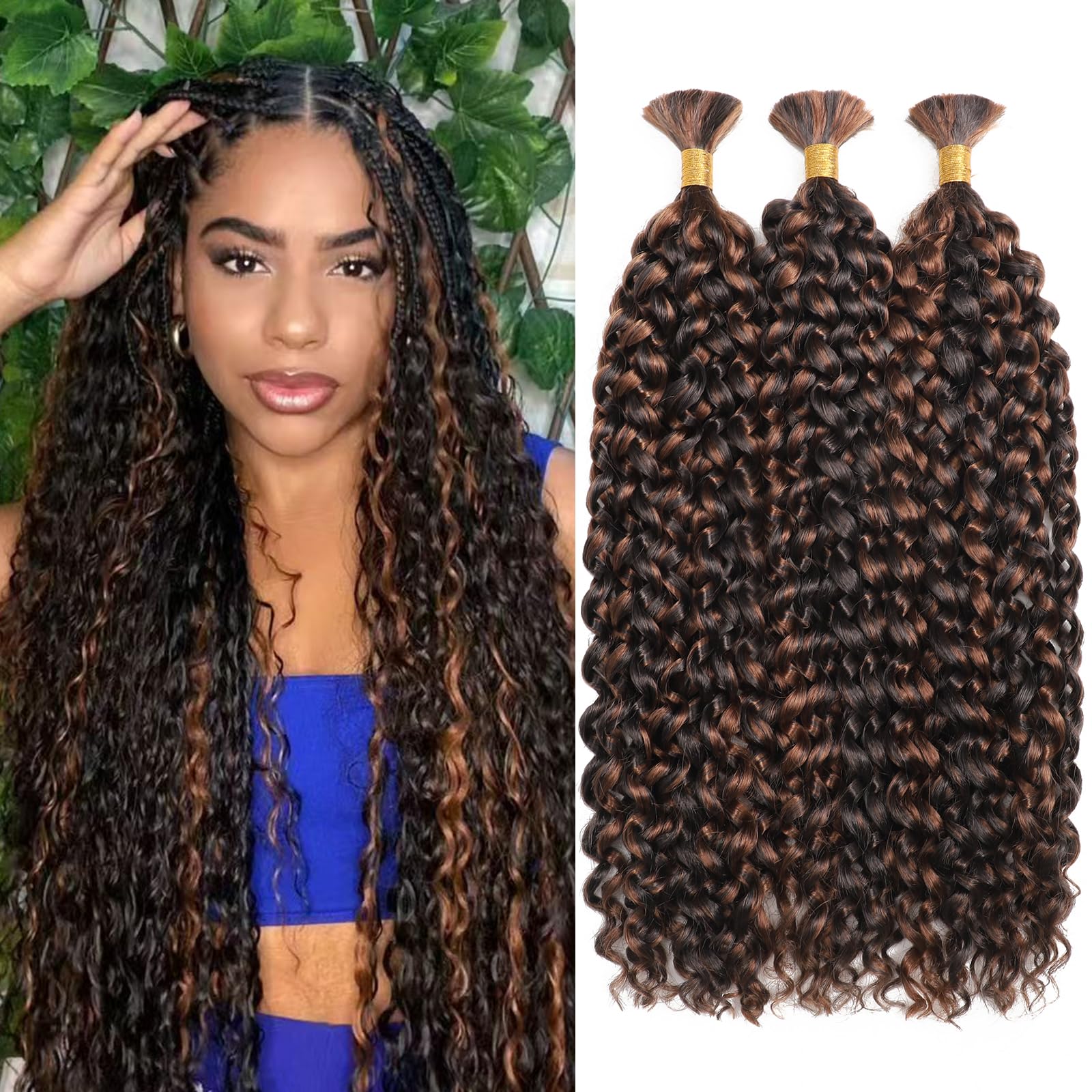 Deep Wave Bulk Hair for Braiding 22 Inch Natural Curly Hair for Boho Braids No Weft Wet and Wavy Braiding Hair Extensions for women (P4/30#, 22inch-3pc)