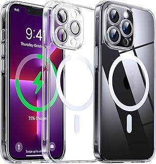 جراب حماية مغناطيس شفاف مع واقي عدسة كاميرا مقاوم للاصفرار ومتوافق مع ماج سيف مع حماية ضد الصدمات والخدوش وتصميم صلب مع حافة سيليكون لموبايل آيفون 13 برو ماكس (6.7 بوصة) من فلاي زو، شفاف