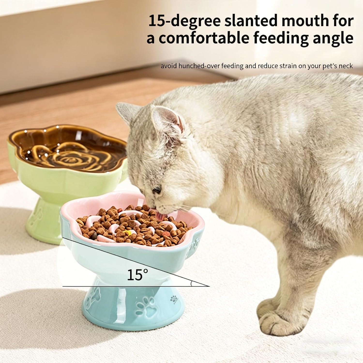 Ceramic Elevated Slow Feeder Cat Bowl, Raised Cute Pet Food Bowl, Puzzle Feeder for Cats & Small Dogs, Anti-Gulping for Dry & Wet Food (Orange)