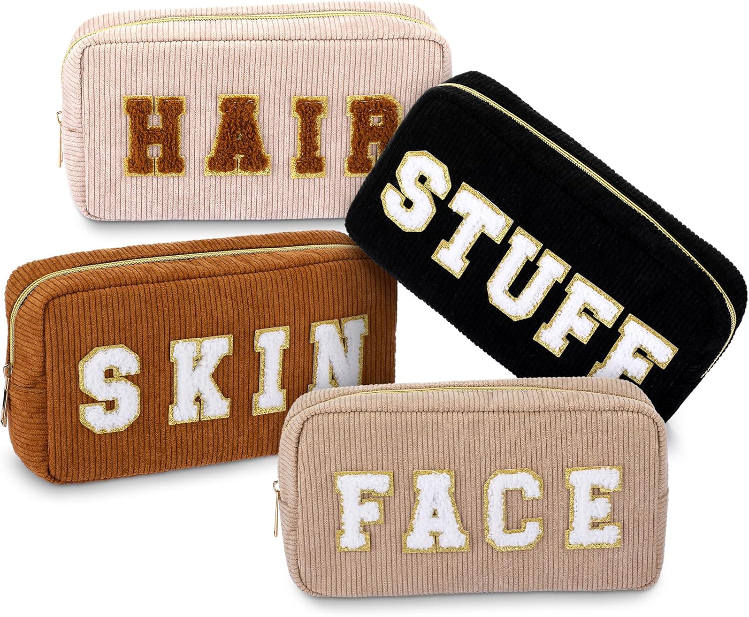 Sanwuta 4 Pcs Travel Preppy Makeup Bags Set, Chenille Letter Corduroy Cosmetic Skincare Pouch, Cute Face Skin Hair Stuff Organizer with Zipper for Women Travel Ot Month Gifts(Pink White Series Color)