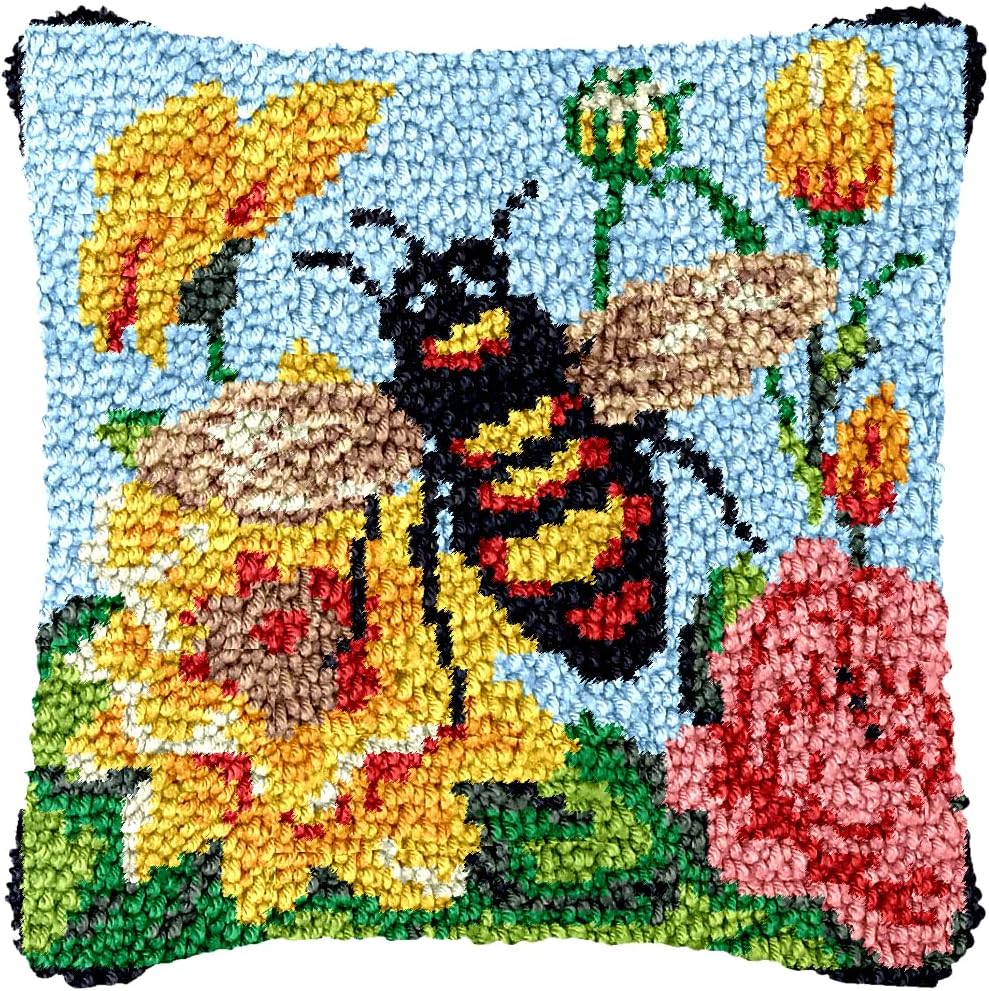 Bee and Flowers Latch Hook Kits Pillow Crochet Yarn Rug Pre-Printed Cushion Needlework Pillowcase Hook and Latch Kit Christmas Home Sofa Decoration 43x43cm(1)