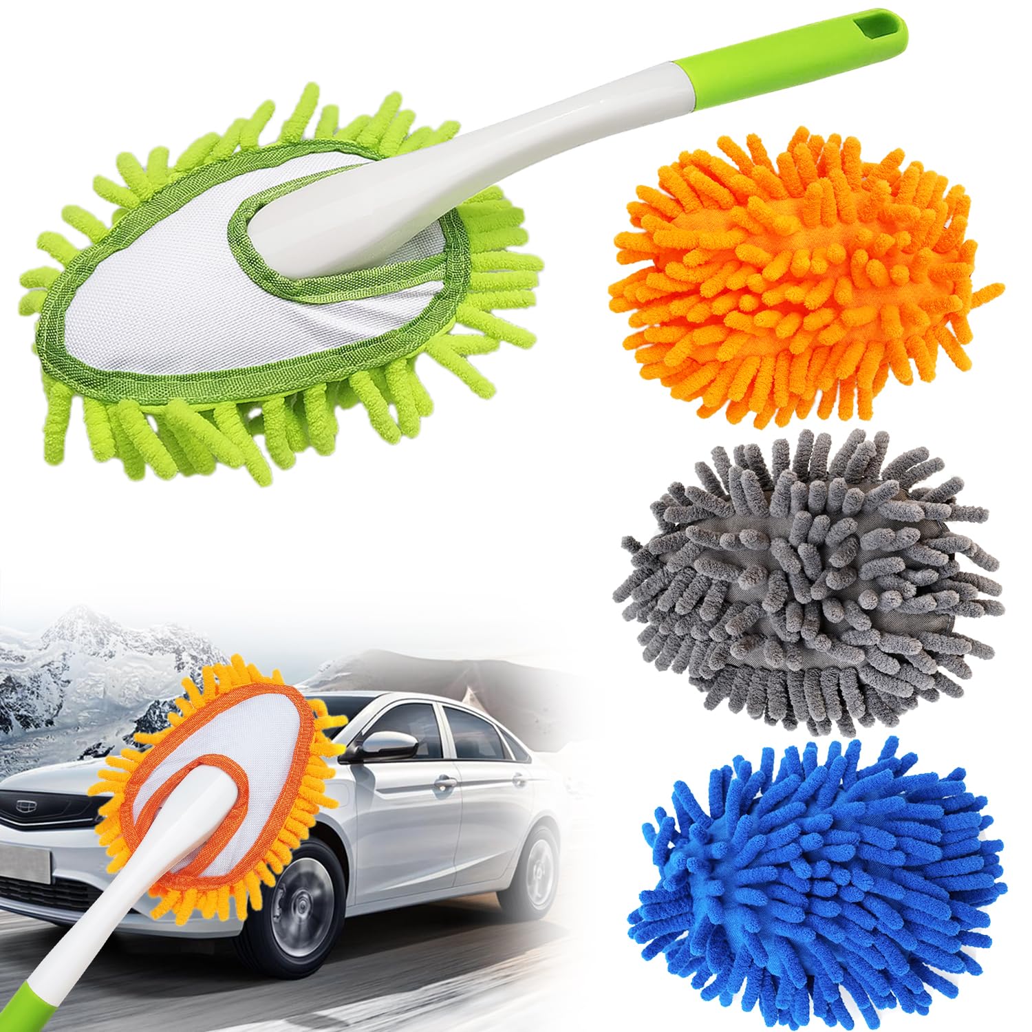 QINGHAHU 4 Pcs Car Interior Feather Duster, Windshield Cleaning Tool, Car Detailing Brush, 4 Microfiber Duster Head, Auto Cleaning Tools