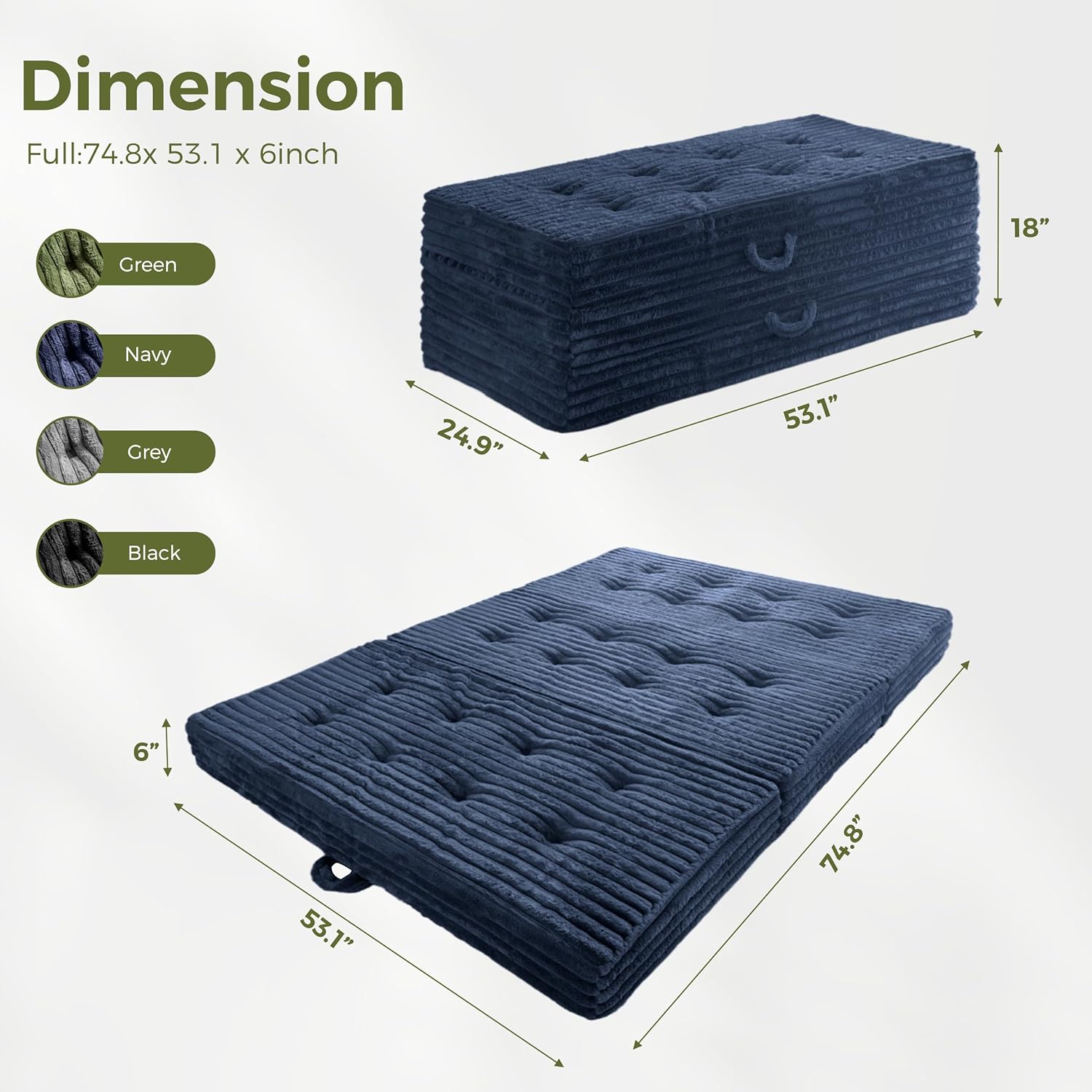 Black MAXYOYO Folding Mattress with Handles, 6 Inch Tri-Fold Mattress Floor Sofa Bed, Soft Faux Fur Folding Bed with Supportive Foam Filling, Portable Guest Couch for Sleeping, Full, Navy Full Navy
