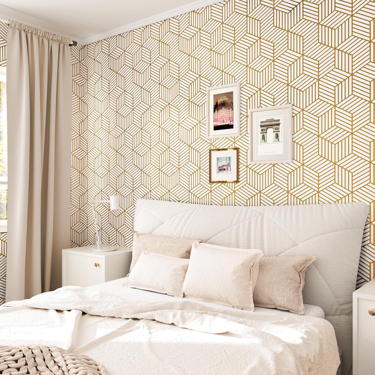 Modern Geometric Wallpaper Peel and Stick 17.7”×118” White and Gold Wallpaper for Bedroom Walls Srawers Self Adhesive Contact Paper Gold Hexagon Geometric Removable Wallpaper Art Decor Wall Paper