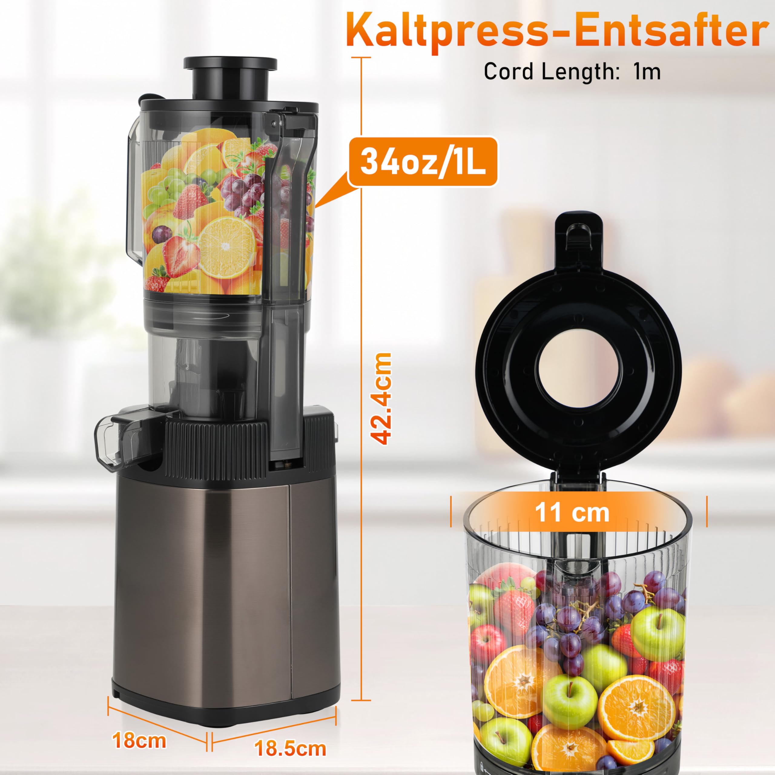Kaltpresse, Entsafter, Entsafter mit 11,9 cm breitem Zuführungsschlauch, 99% hohe Leistung