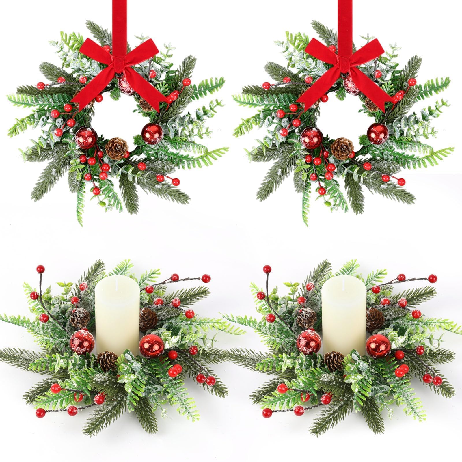 4 Pcs Christmas Candle Rings Wreaths Artificial Snowy Pine Cedar Red Berry Clusters Candle Rings Wreaths Mini Christmas Balls Wreath for Xmas Winter Front Door Window Decorations
