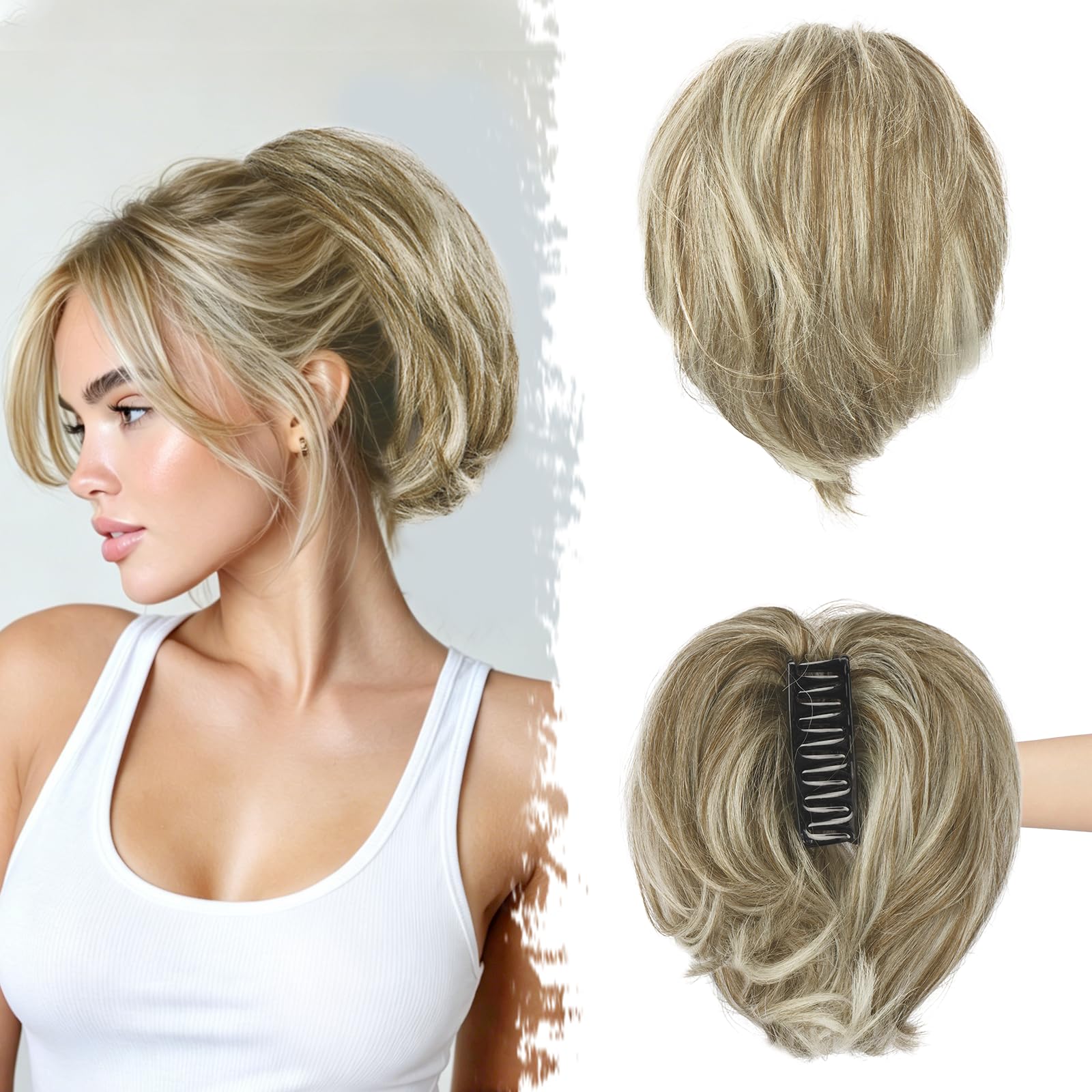 BARSDAR Claw Clip Kurze Echthaar Pferdeschwanz Extension, 20 cm DIY Styles Echt Echthaar Messy Dutt Haarteile für Frauen Biegsam Metall Dicke Kurze Natürliche Pferdeschwanz,Braun Mix Grau Blond