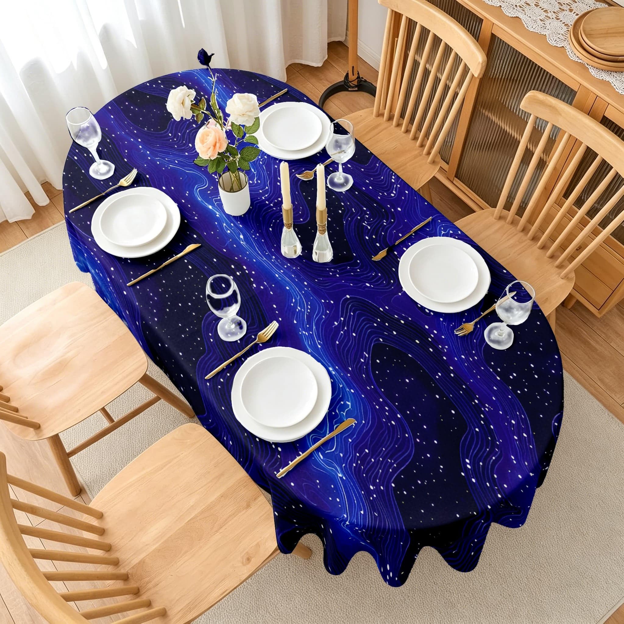 Nebellinien Ovale Tischdecke Abwaschbar 160x220 cm