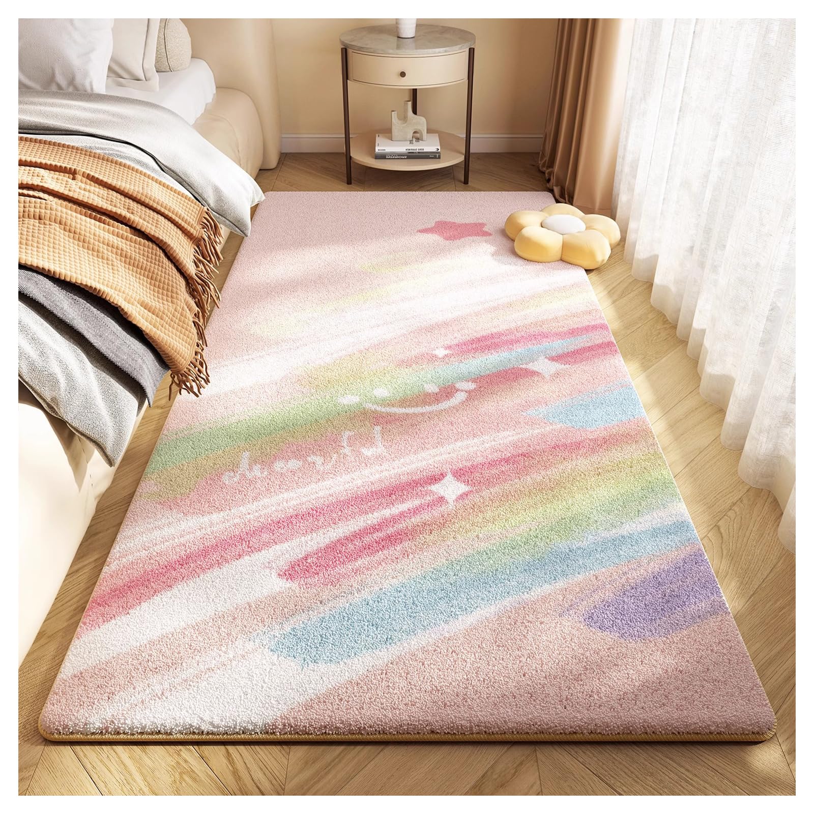 Ergocar Bedroom Carpet, Artificial Cashmere Fluffy Bedside Plush Carpet Non-Slip Floral Home Decoration Suitable For Bathroom, Kitchen, Home Decoration