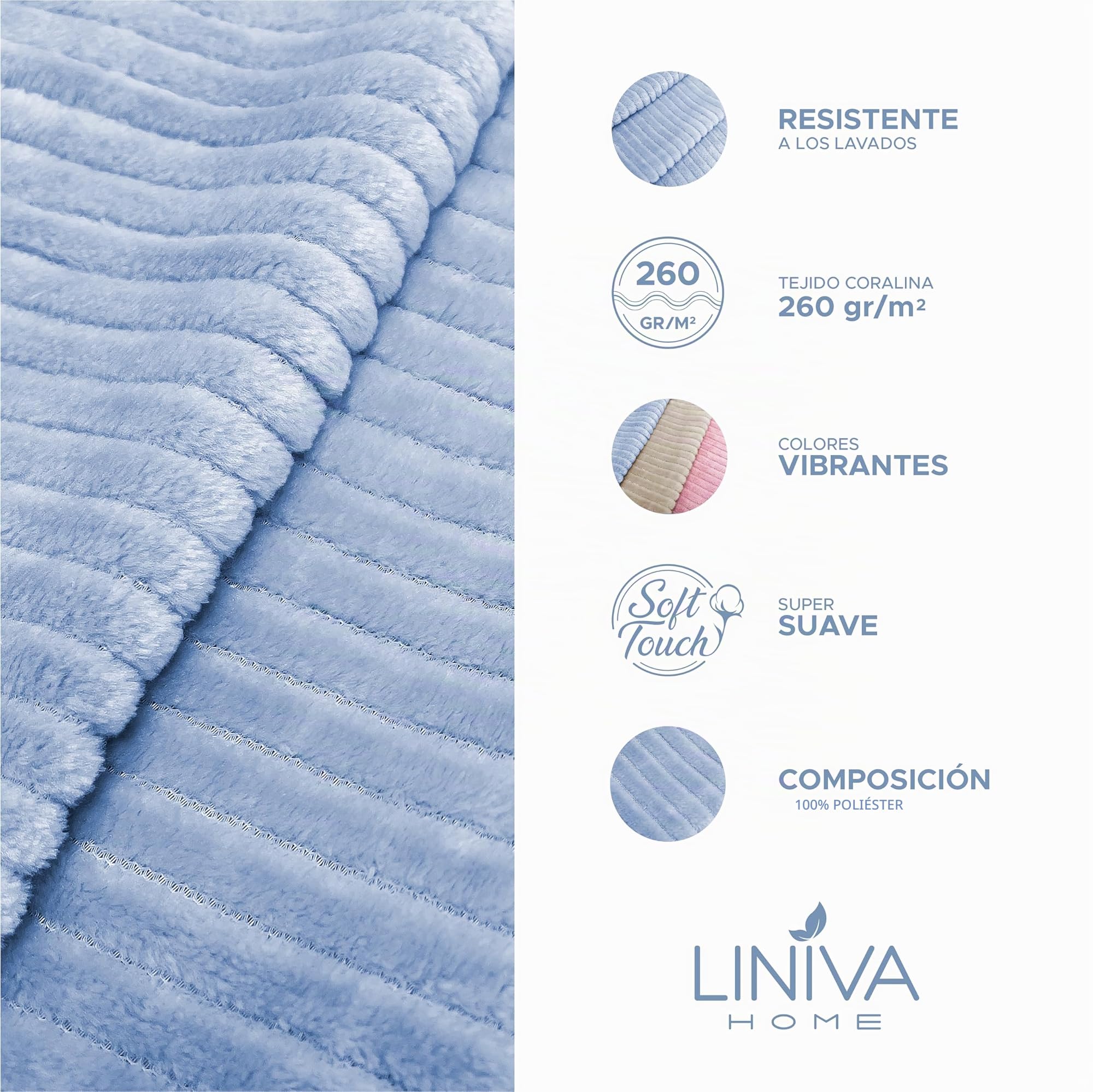 Liniva Home - Juego de Sábanas Coralina Canale, térmica para Invierno - Modelo Adriana (10910, Azul, Cama 180 cm)