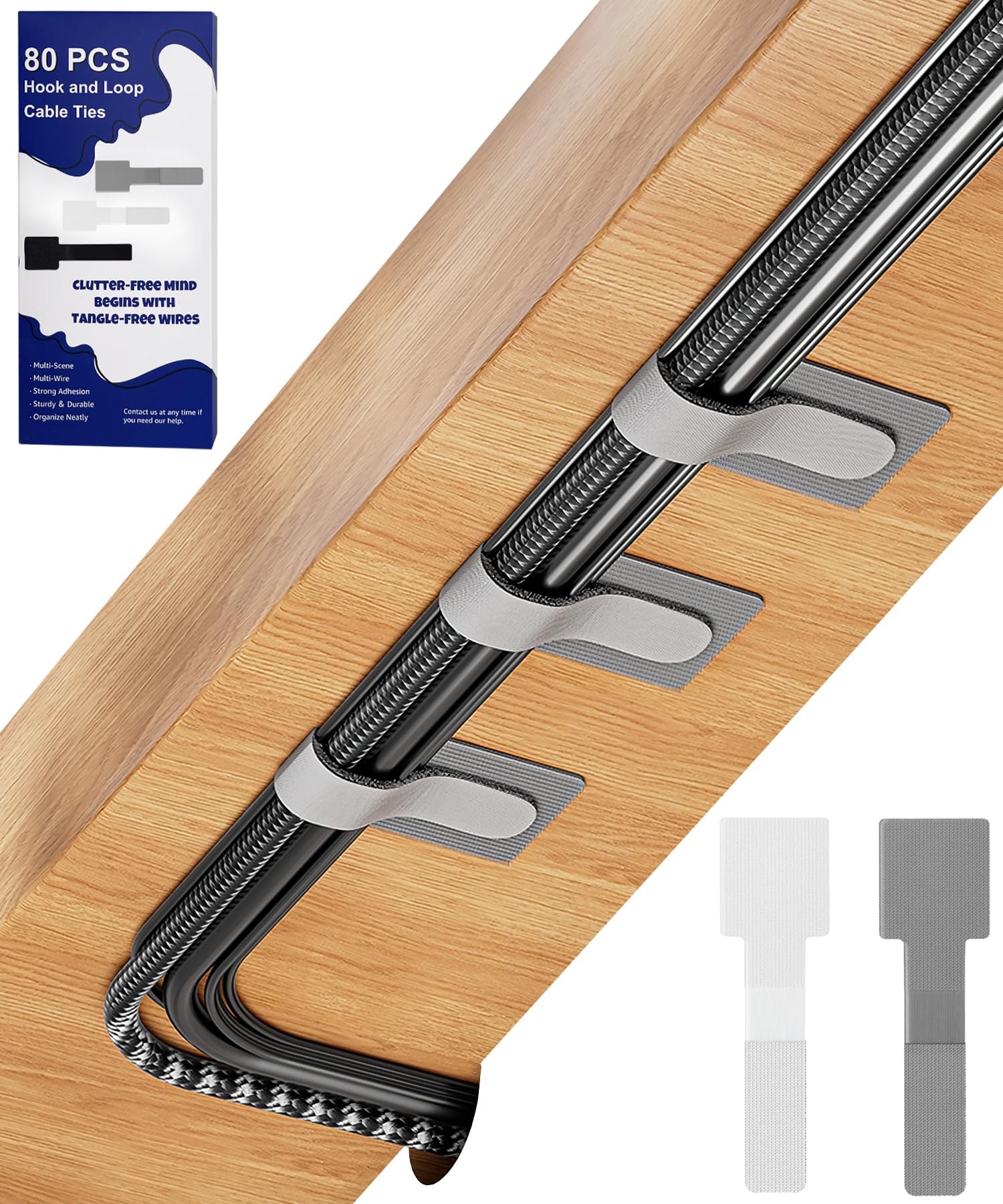 80 Pcs Hook And Loop Cable Ties - Reusable Self-Adhesive Sticky-Back Cord Organizers For Home & Office - View #4