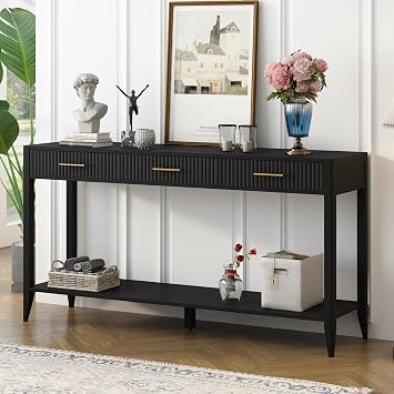 Knocbel Entryway Console Table with 3 Vertical Stripe Drawers and Storage Bottom Shelf, Sofa End Table with Sturdy Long Legs for Living Room Hallway, 15.7" D x 60" W x 31.4" H Black