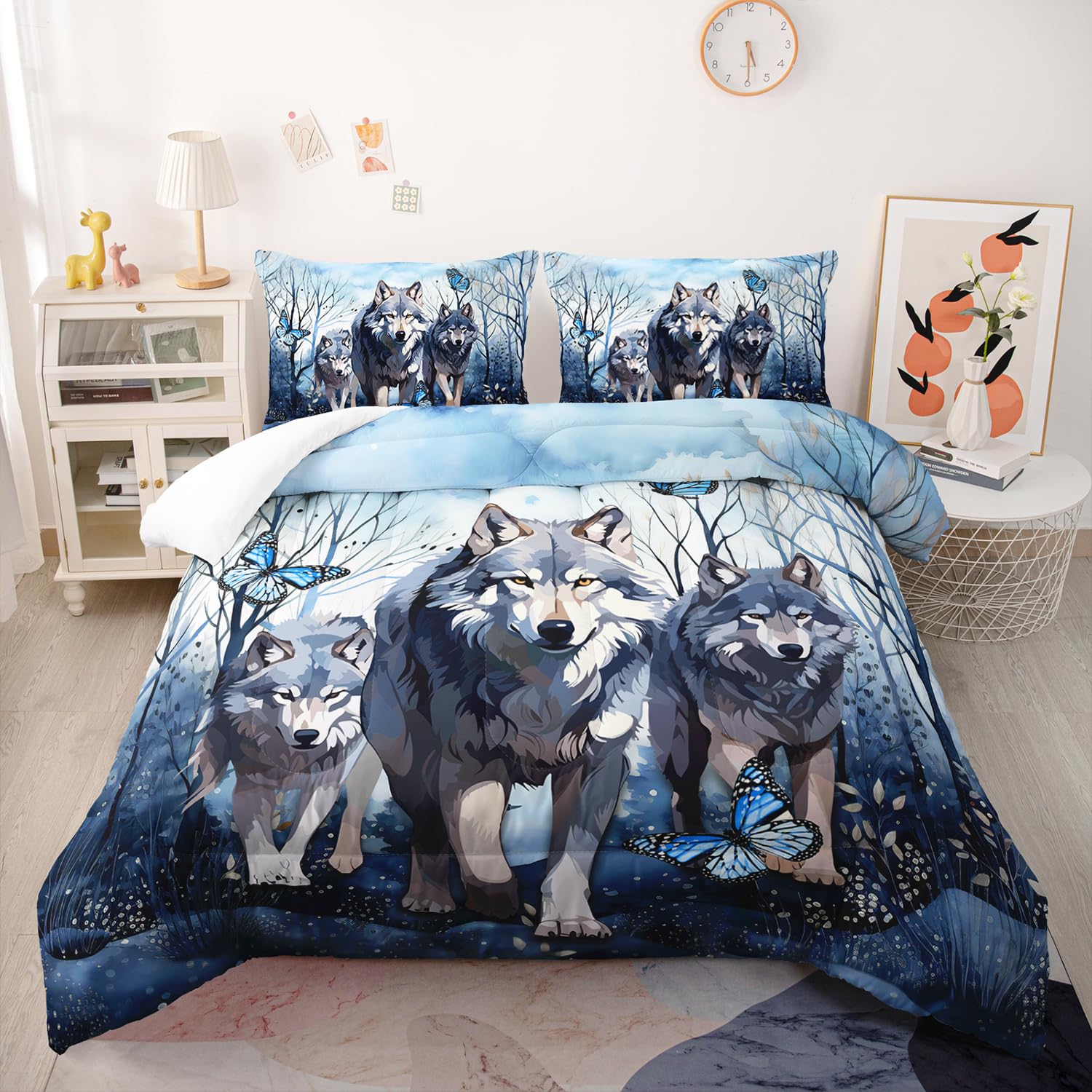 Nttopship Watercolor Wolf Bedding Comforter Set Twin Size for Kids Teens and Adults Wild Animals Bedroom 100% Soft Microfiber All Season Print Quilt