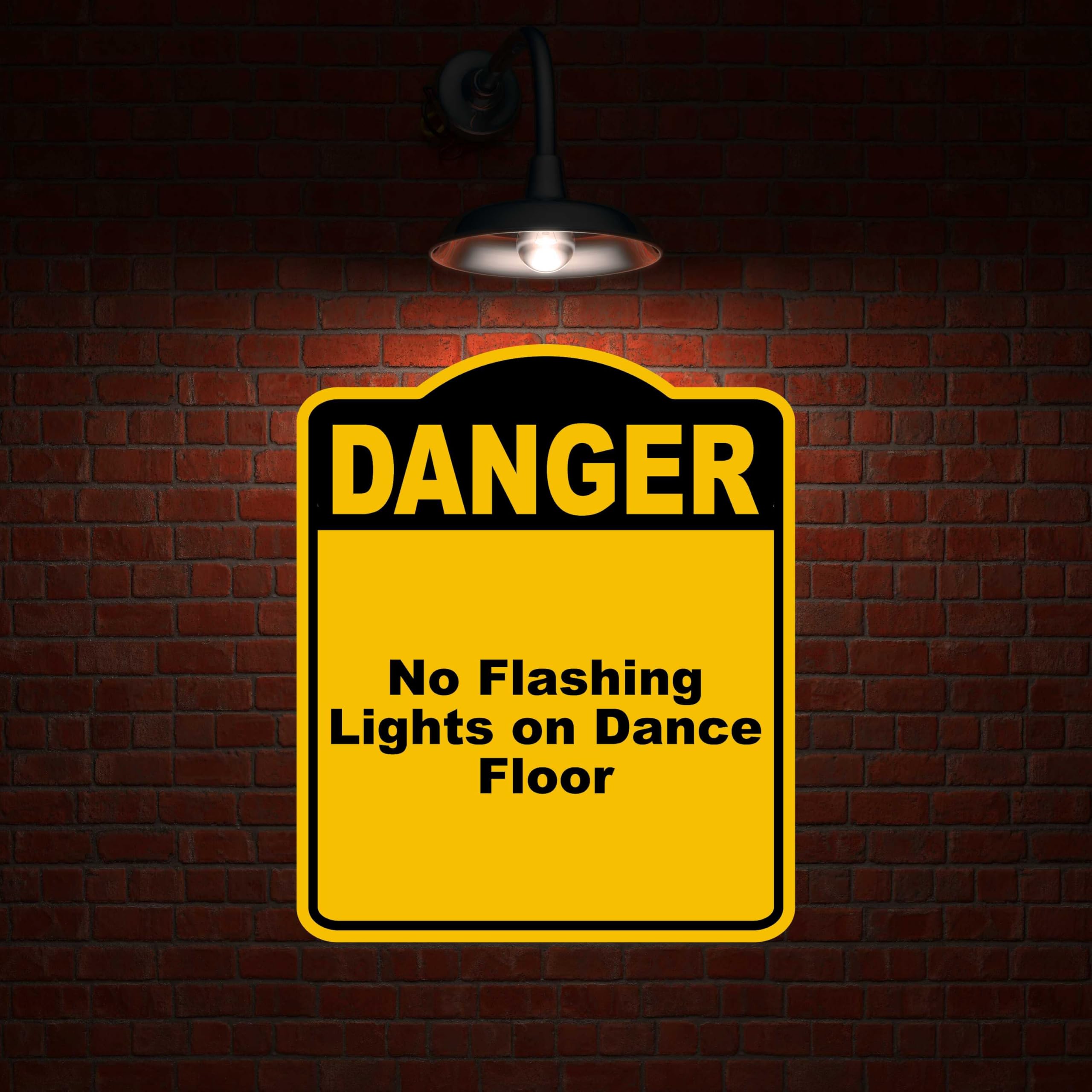 No Flashing Lights on Dance Floor Danger Yellow Black Aluminum Composite Sign 8.5 x 10 inches
