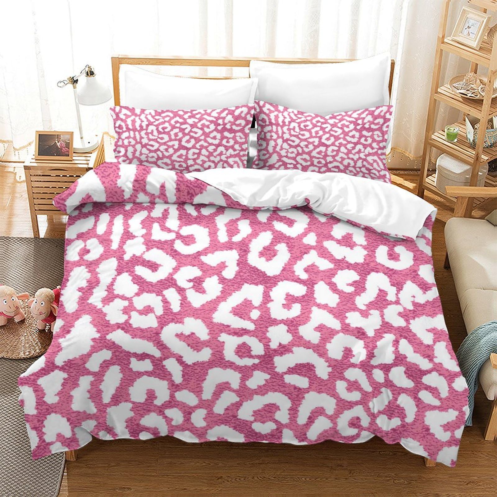 GDEKCIEAS Pink Leopard Skin 3Pcs Kids Bedding Set,Soft Microfiber Duvet Cover Microfiber with Zipper,Boys And Girls Quilt Cover - Breathable Single（140x200cm）