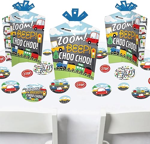 Miniatura 1 de Big Dot of Happiness Autos trenes y aviones decoración de fiesta de cumpleaños y confeti de transporte kit de centro de mesa de gran tamaño juego de