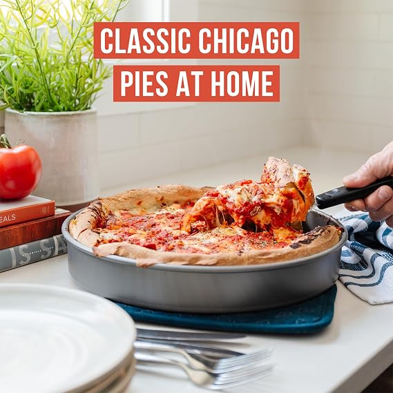 Chef Pomodoro Chicago Deep Dish Pizza Pan, 12 Inch Hard Anodized Aluminum | Pre-Seasoned Nonstick Pizza Pan for Oven, Great for Casseroles, Pies & Deep Dish Desserts, Heavy Duty Round Bakeware