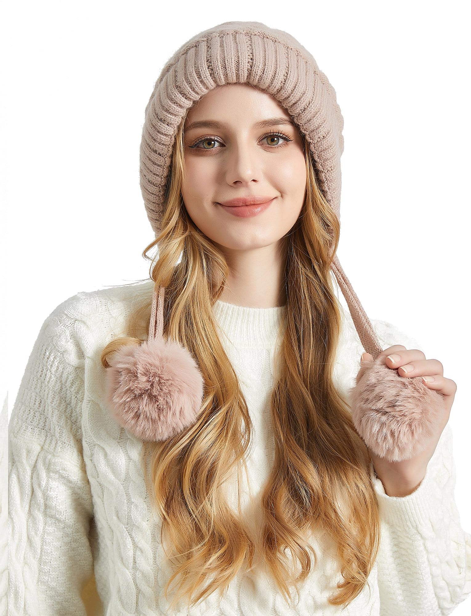 SEAUR Bonnet d'hiver souple pour femme avec doublure en polaire - Cagoule chaude - Avec cordon de serrage, B rose., taille unique