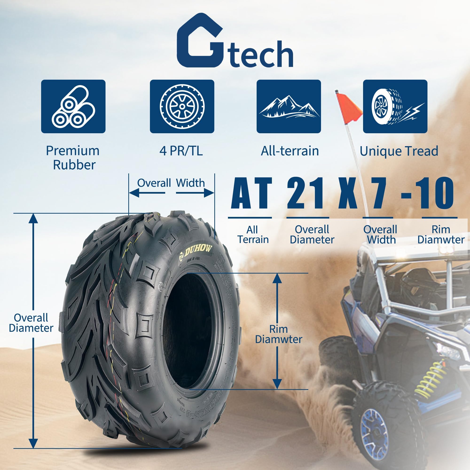 Garvee Pneus ATV tout-terrain - Lot de 2, 21x7-10, tubeless, 4 plis, montage avant, bande renforcée, quad/buggy/kart/UTV, sable/sentier/boue, AT21X7-10