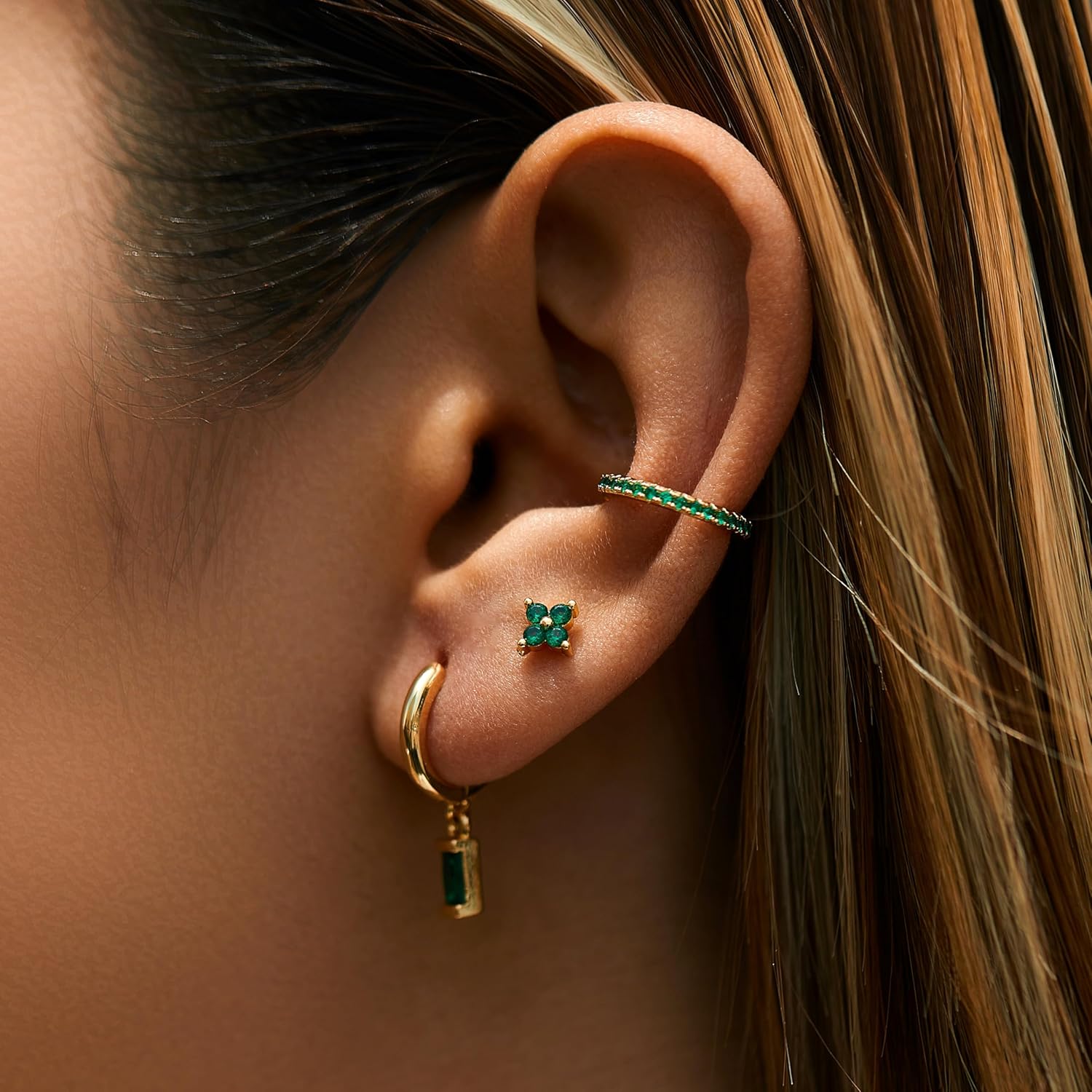 5 Pairs Sterling Silver Post Stud Hoop Earrings Set Dainty 14k Gold Plated Earrings for Women S925 Green CZ Cartilage Stud Huggie Earring for Multiple Piercing Small Earring Stacks - Image 5