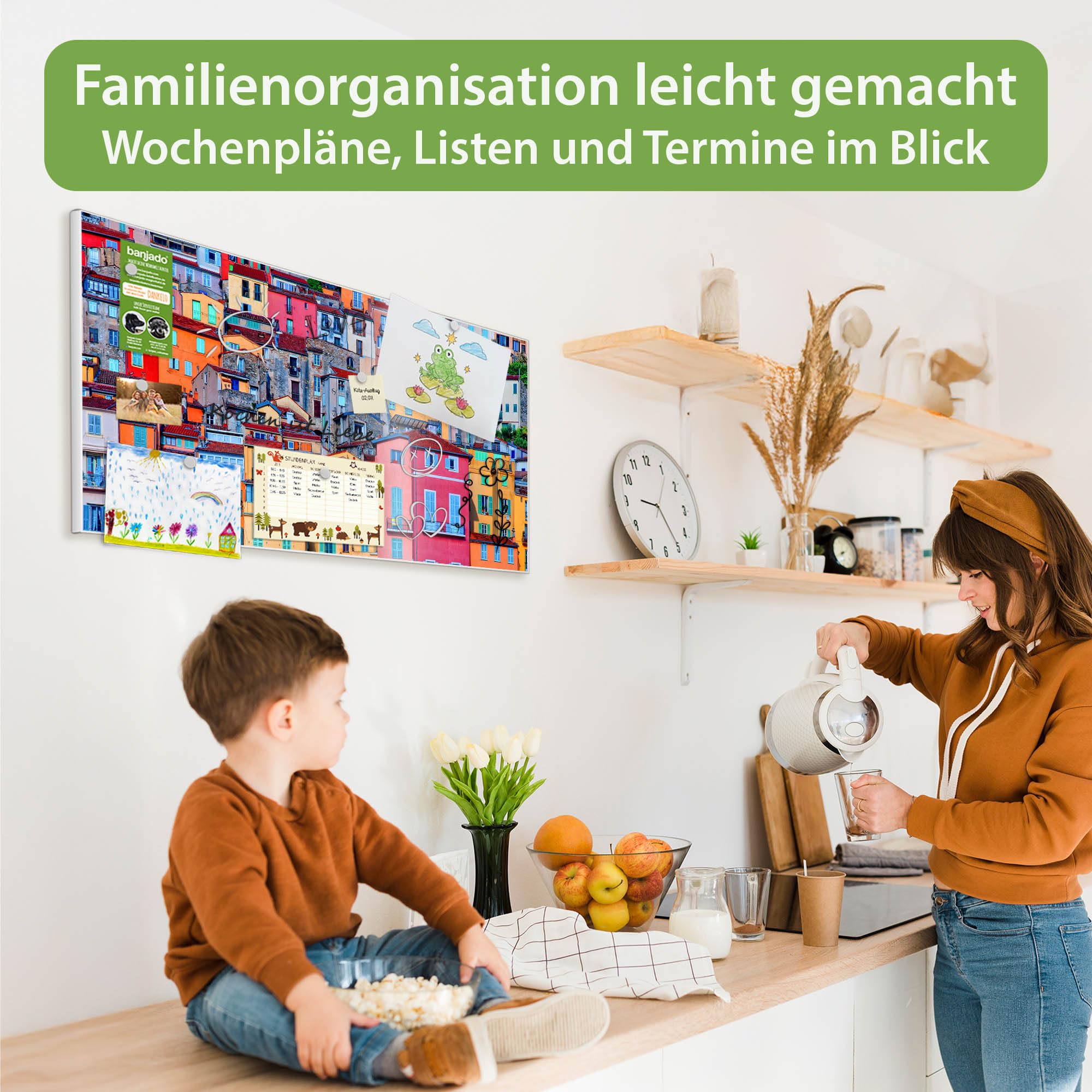 banjado Magnettafel Metall 78 x 37cm - beschreibbare Magnettafel - Metall Pinnwand als Memoboard - Magnetwand Küche, Büro, Kinderzimmer Weiß inkl. 4 Magnete & Montageset - Motiv Häuserberg