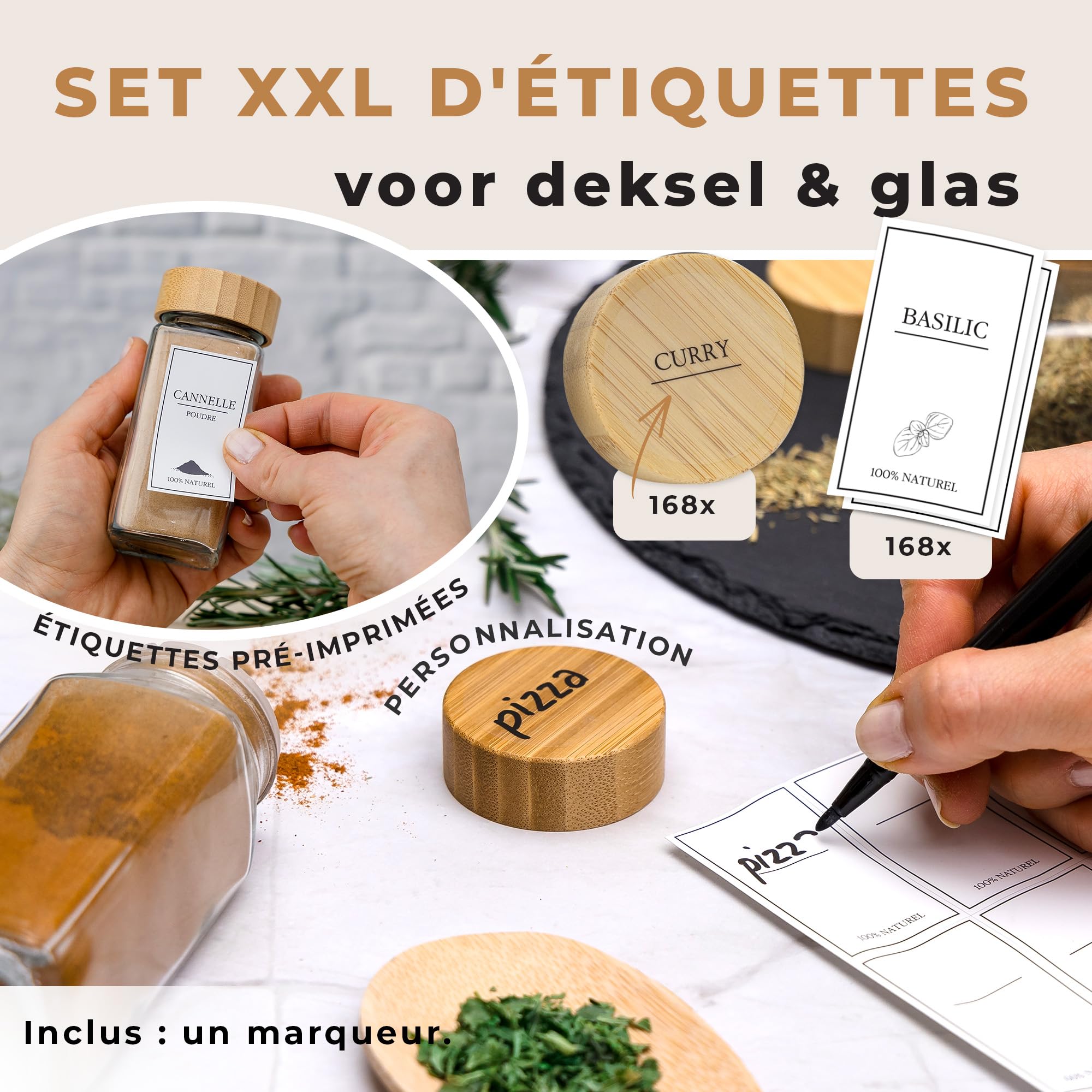 comforder – Pots à Épices en Verre et Bois + 336 Étiquettes Françaises pour Épices + 2 Moulins – 24 Bocaux de Cuisine 120 ml