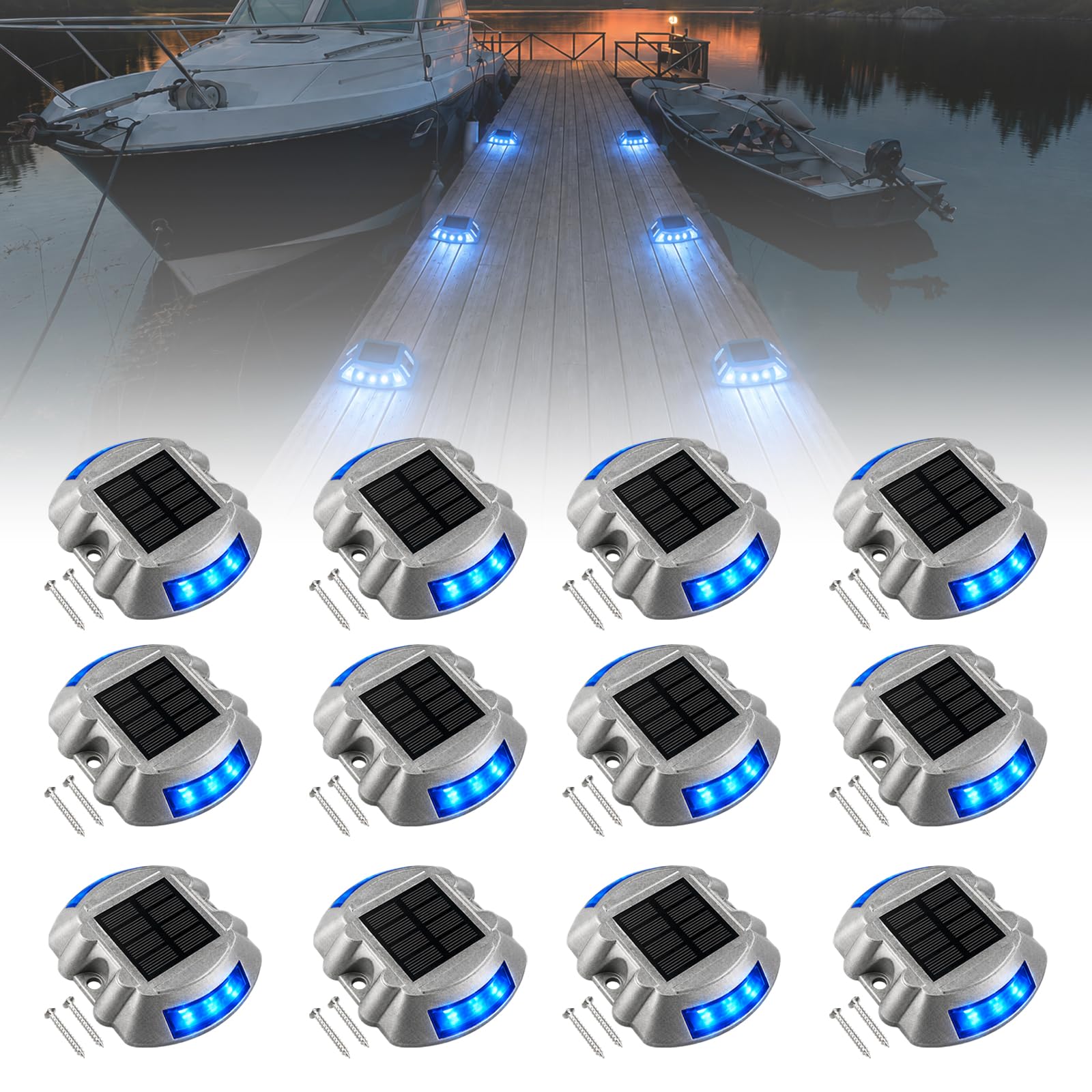 Solar Dock Lights, IP68 Waterproof Solar Driveway Lights Outdoor, Solar Deck Step Lights for Marine Dock, Driveway, Sidewalk, Pathway, Patio, Yard and Garden, Blue, Auto On/Off, 12 Pack