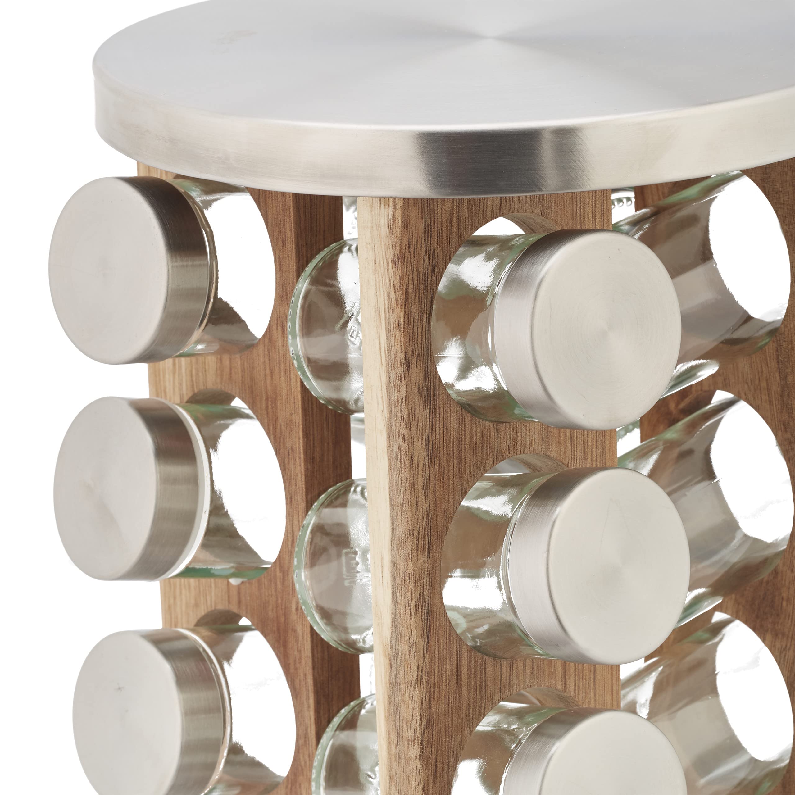 Relaxdays Tourniquet à épices avec 20 Pots en Verre, Rotatif 360°, Acier INOX, Bois, HD 34 x 19,5 cm, argenté et Nature