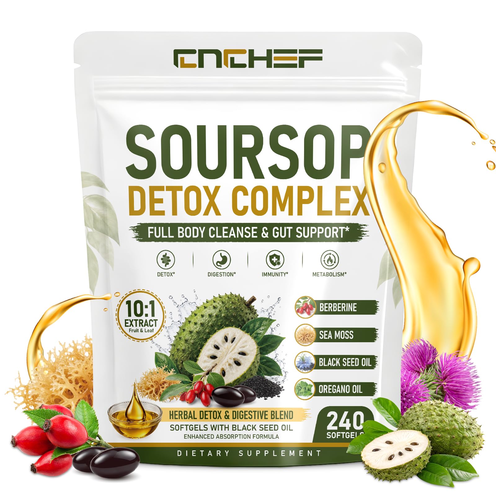 Soursop Supplement with Graviola Extract, Herbal Soursop Bitters Liquid Softgels with Turmeric, Moringa, Berberine, Black Seed Oil & Sea Moss for Digestive, Immune & Antioxidant Support, 240 Softgels