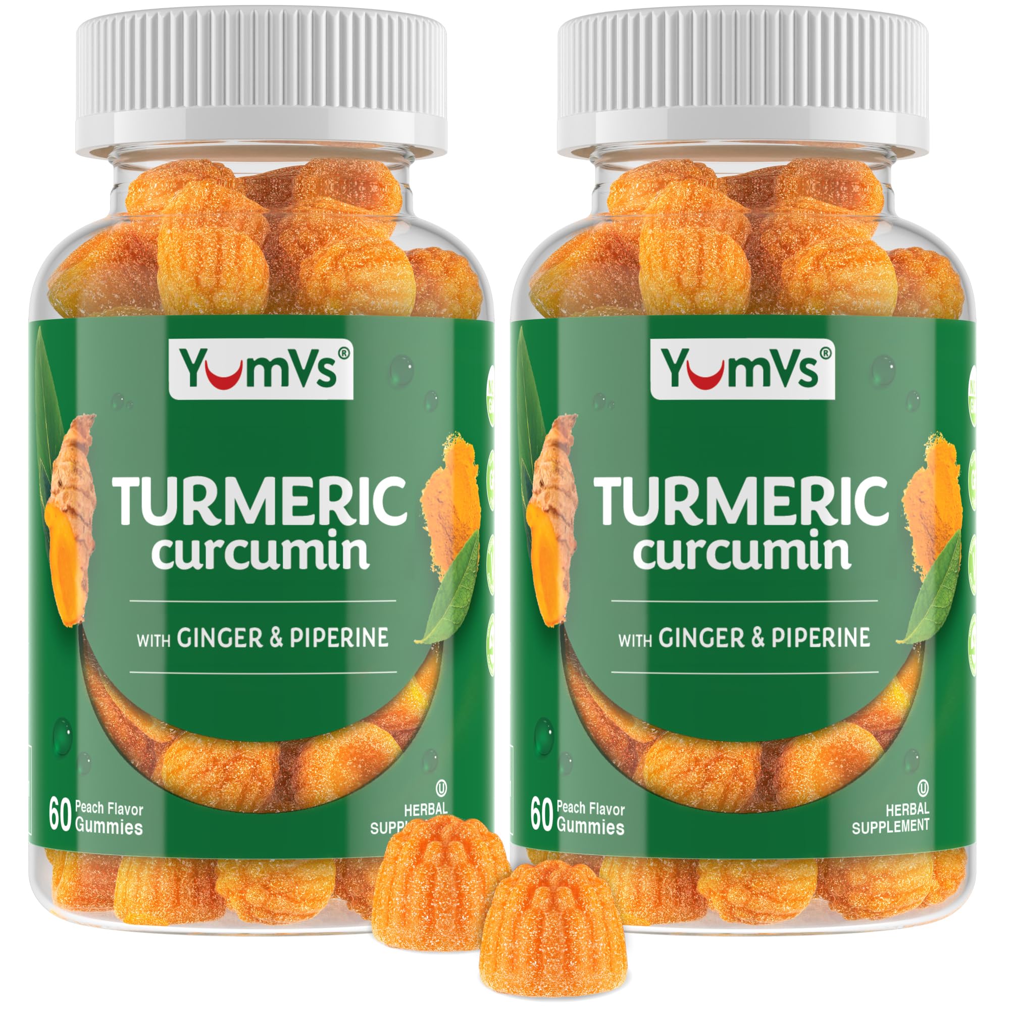 YUM-V'S Turmeric Ginger Gummies with Black Pepper, Peach (60 Count, 2-Pack) 60 Count (Pack of 2)
